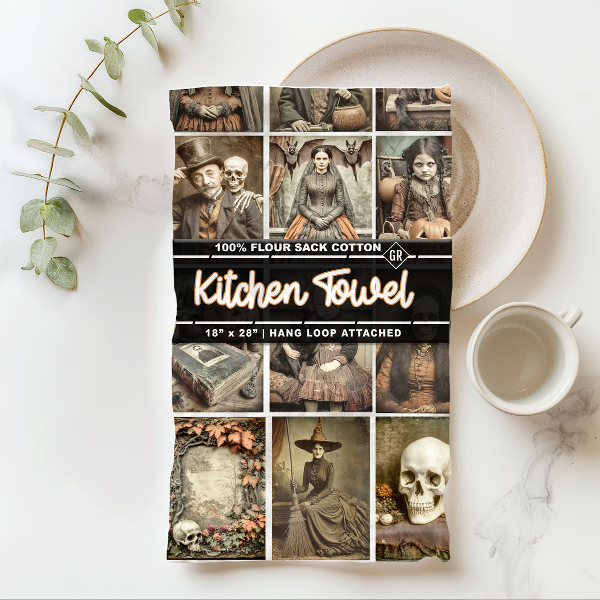 antique halloween tea towel with witch and skeleton art
old world halloween picture towel for farmhouse kitchen décor
vintage horror themed cotton towel for october decorating