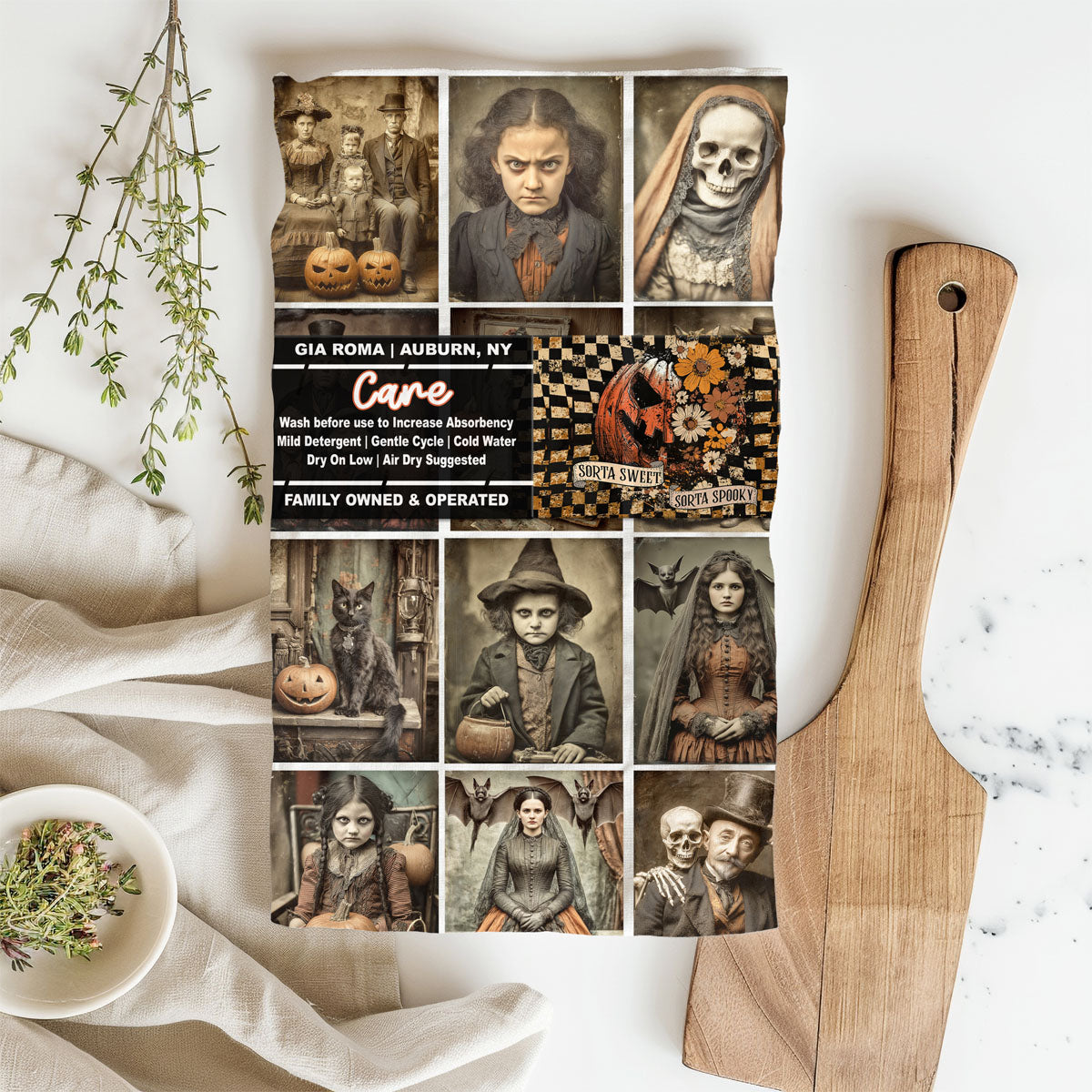 vintage halloween picture dish towel with creepy portraits
gothic halloween flour sack kitchen towel with skulls and witches
creepy victorian photo collage halloween tea towel
spooky vintage portrait towel for halloween kitchen décor