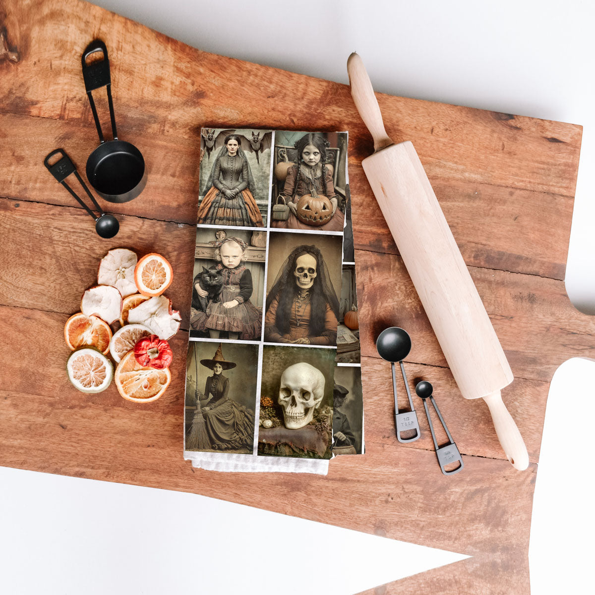 vintage inspired halloween cotton towel with haunted portraits
collectible vintage halloween décor towel for horror fans
vintage witch and skeleton print towel for gothic halloween gifts