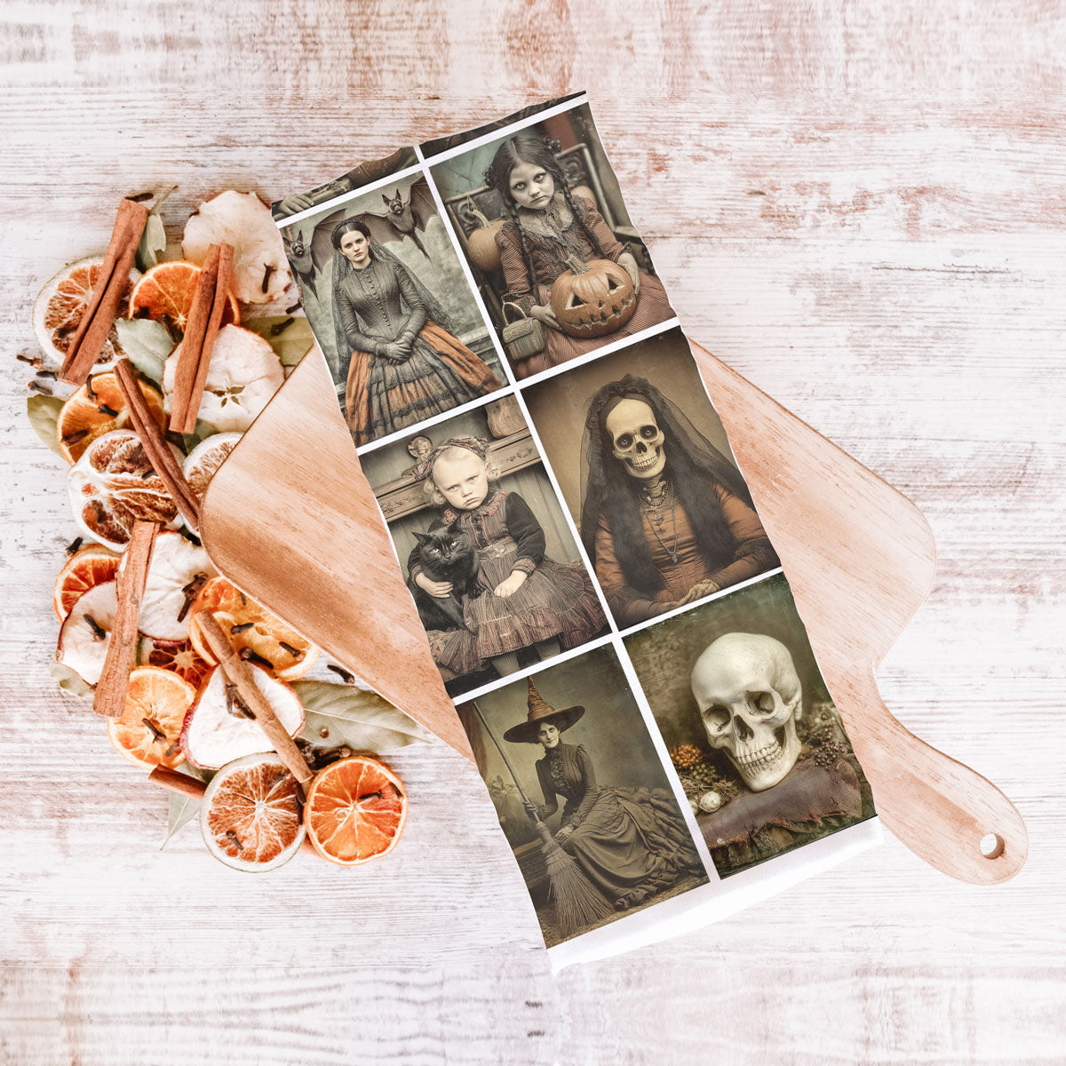 haunted portrait halloween flour sack towel with witch and skull
spooky victorian family photo print halloween kitchen towel
vintage cemetery and skull halloween tea towel