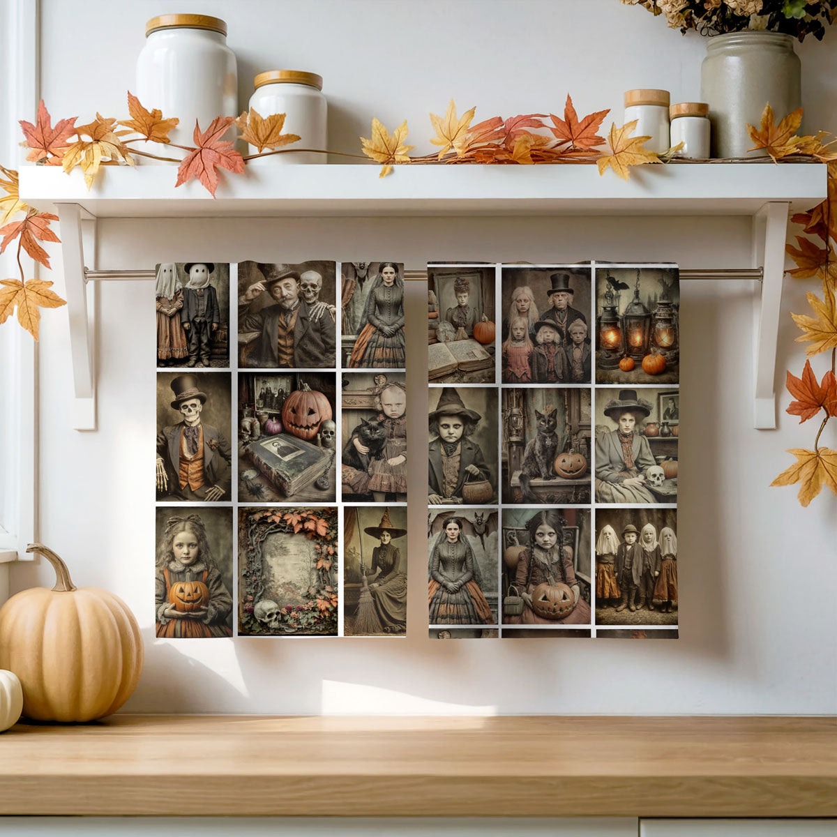 vintage halloween decor towel with spooky portraits
unique creepy halloween kitchen towel gift
retro gothic halloween skull and pumpkin dish towel