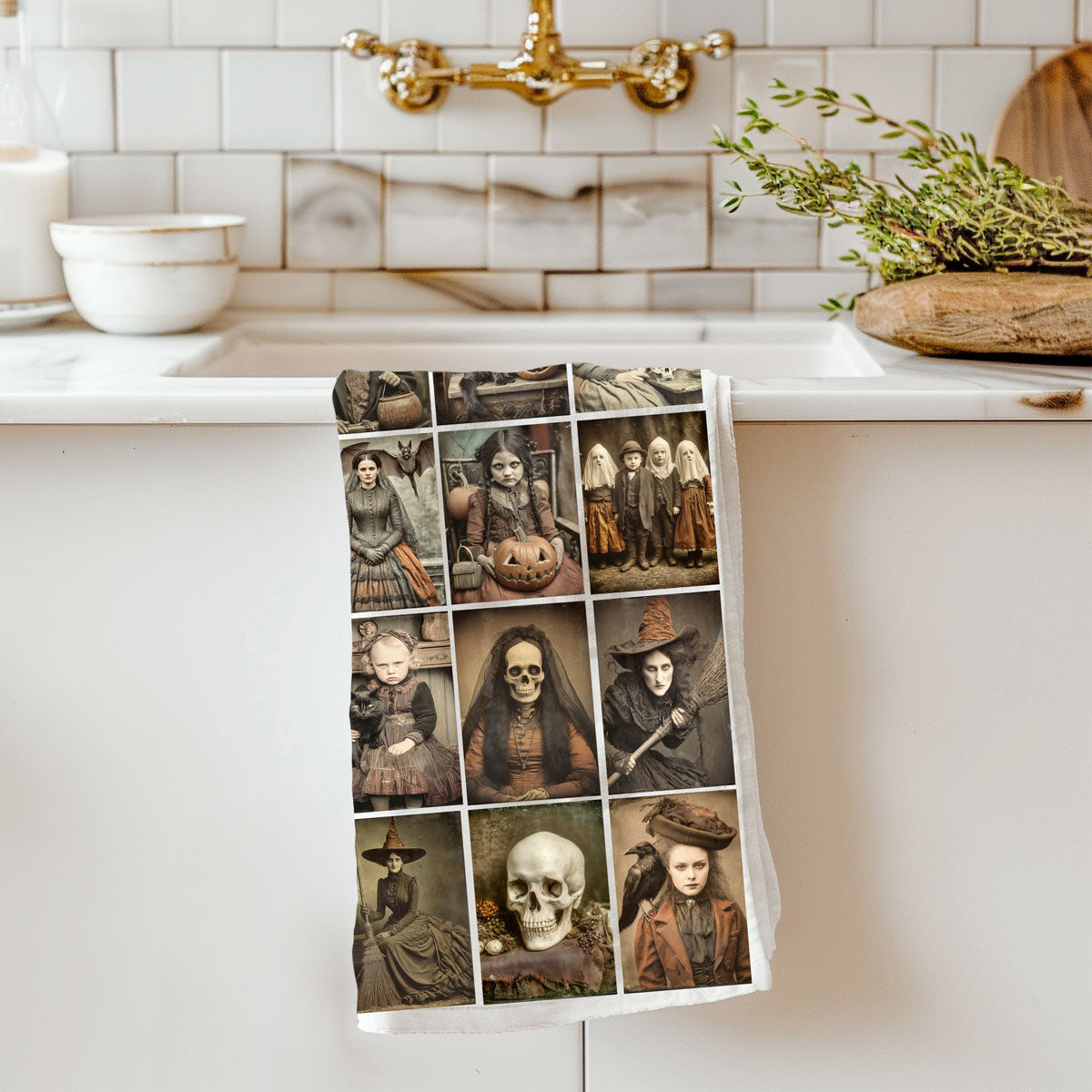 Wholesale creepy aesthetic halloween towel for haunted house kitchen
vintage skull and pumpkin dish towel for october decorating
antique photo halloween towel
old photograph halloween towel for gothic farmhouse décor