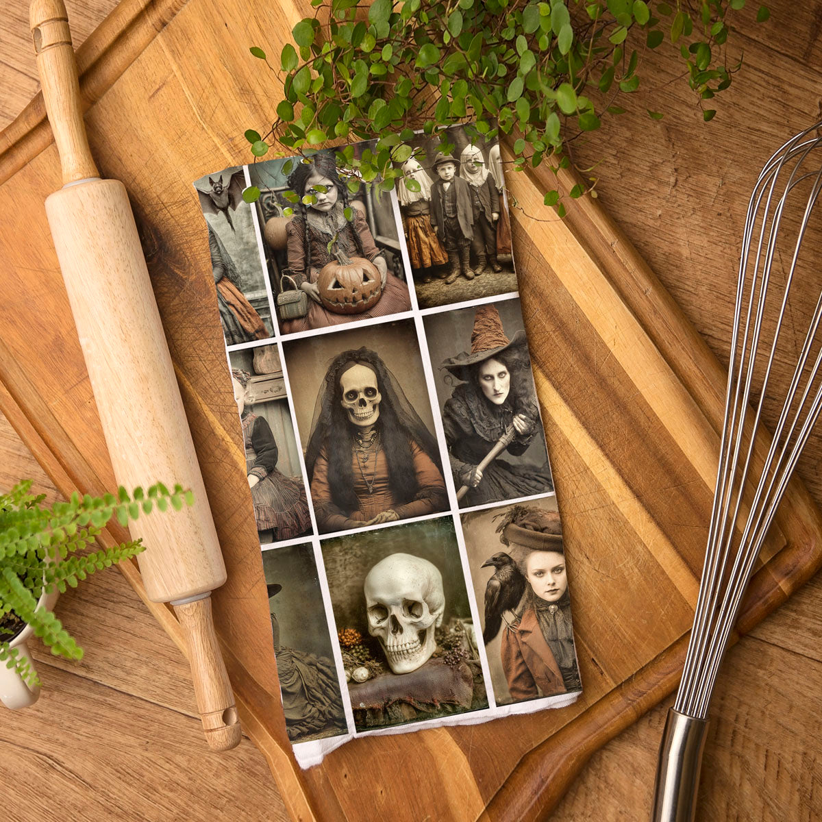 dark academia halloween towel with old photos and skulls
victorian halloween art towel for moody fall kitchen
horror themed vintage photo collage towel 
spooky season kitchen towel with gothic halloween imagery
Vintage Halloween Picture Flour Sack Towel – Creepy Gothic Photo Collage Halloween Kitchen Dish Towel