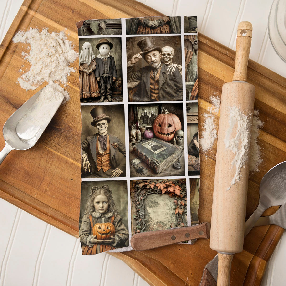 vintage style halloween skull and pumpkin kitchen towel
classic vintage halloween towel for retro fall décor
unique spooky vintage towel for halloween bathroom or kitchen
old time halloween picture towel for mantle or bar cart styling