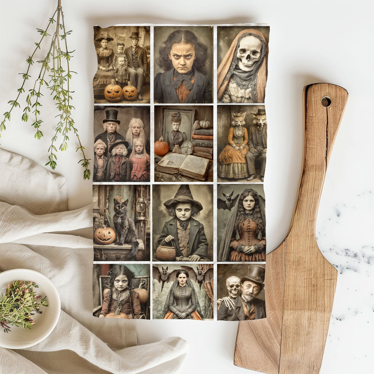 spooky skull and pumpkin print halloween dish towel
vintage witch broom and skeleton halloween flour sack towel
eerie halloween tea towel with sepia portraits and pumpkins
halloween hostess gift vintage creepy picture kitchen towel
unique vintage halloween wall hanging towel on decorative ladder
