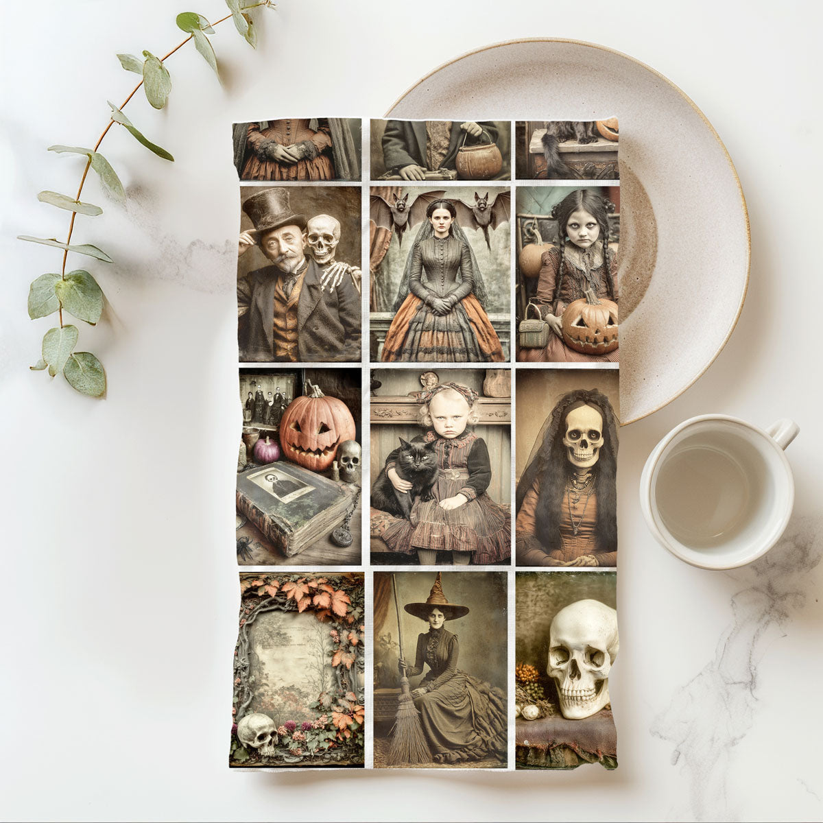 halloween kitchen décor towel with haunted portrait collage
creepy child holding black cat vintage halloween towel
retro halloween photograph dish towel for gothic home décor
antique style halloween picture towel 
vintage halloween decor idea using creepy picture dish towel