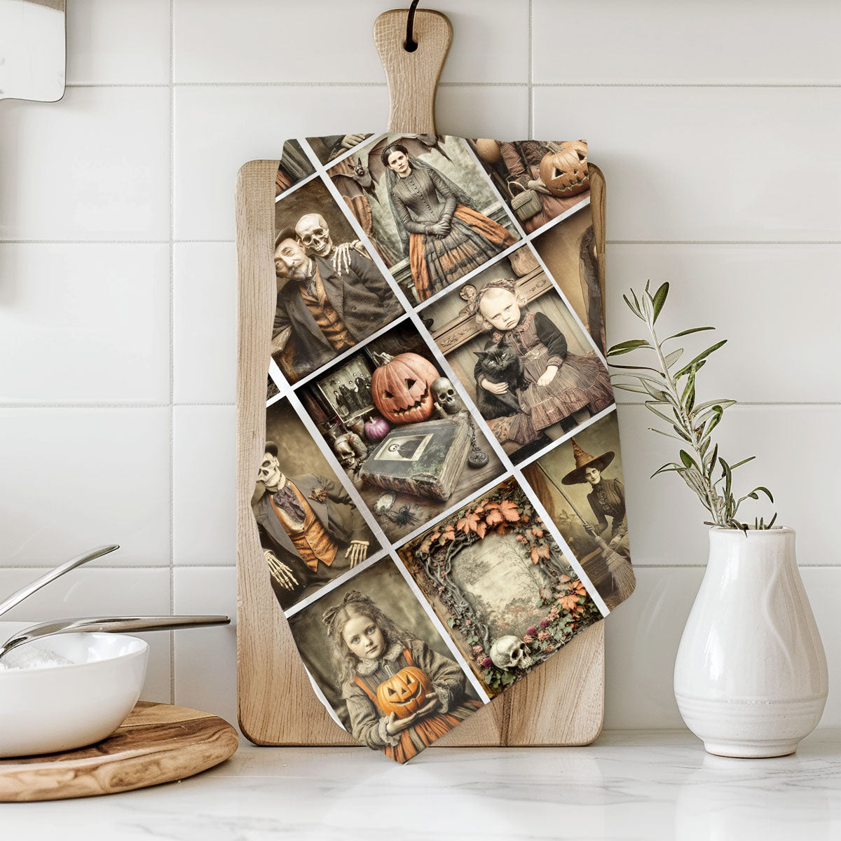 unique halloween towel with sepia witch and skull photos
vintage halloween gift idea creepy collage dish towel
antique photograph halloween towel for haunted kitchen décor