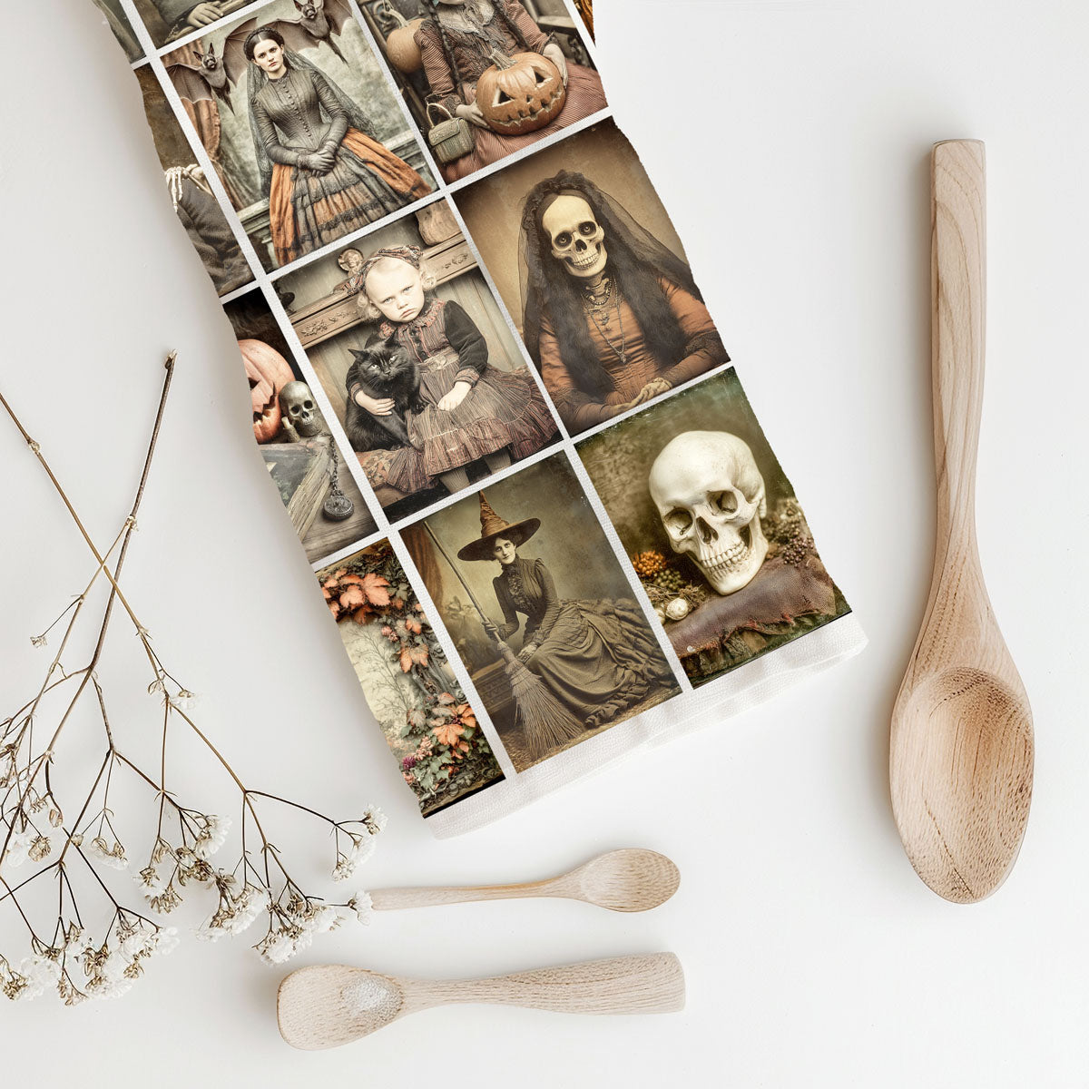 halloween dish towel with eerie family photos and pumpkins
victorian witch and skull print halloween kitchen towel
old fashioned halloween photo towel hanging on oven handle
vintage gothic halloween towel with black cat and skull
retro style halloween ghost and skull picture towel