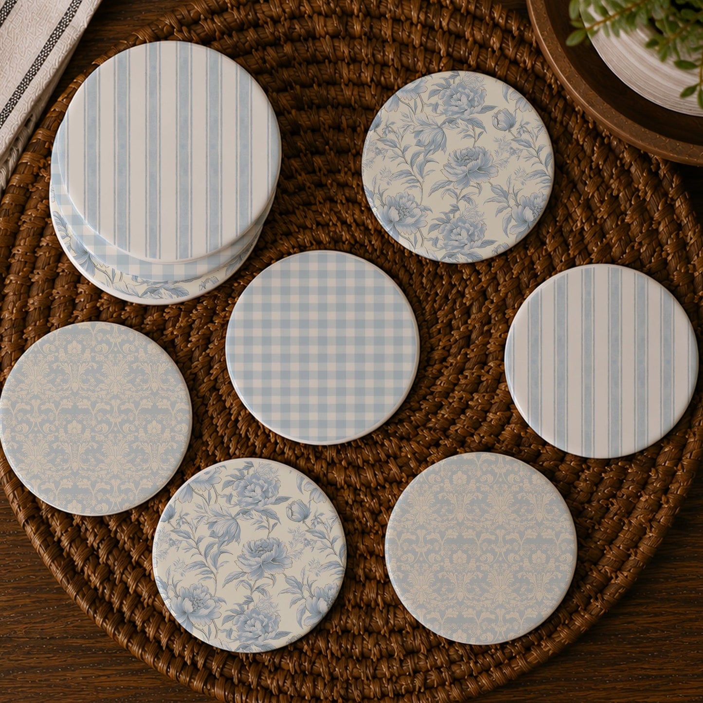 Blue Chinoiserie Floral & Gingham Ceramic Coaster Set – 6 Piece
Blue and White Cottagecore Coasters – Floral, Stripe & Gingham Set
French Country Blue Floral Ceramic Coaster Set for Coffee & Wine