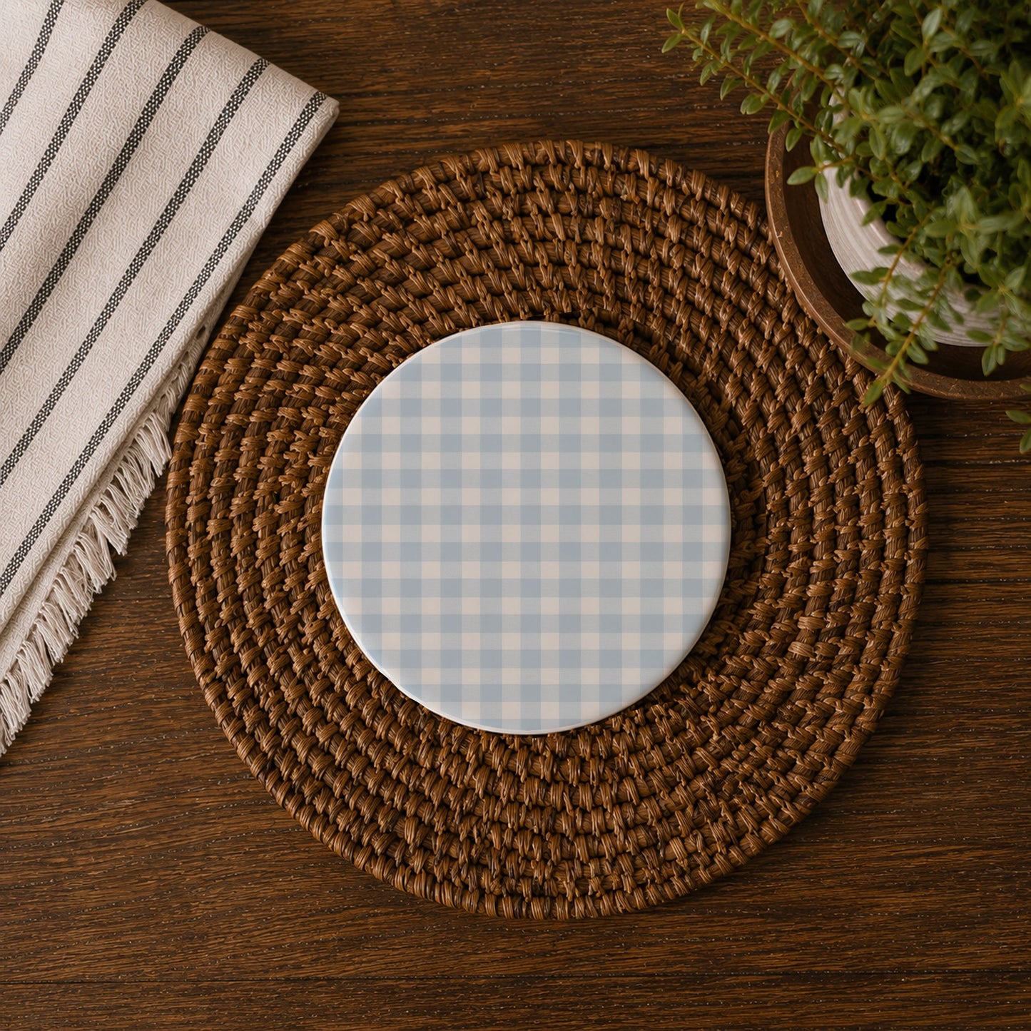 Blue Stripe & Gingham Cottage Coasters – Ceramic Table Protection Set
Blue & White Mix-and-Match Coasters – Floral, Damask and Check Patterns
Soft Blue Country House Coaster Set – Ceramic Drink Coasters 6 Pack