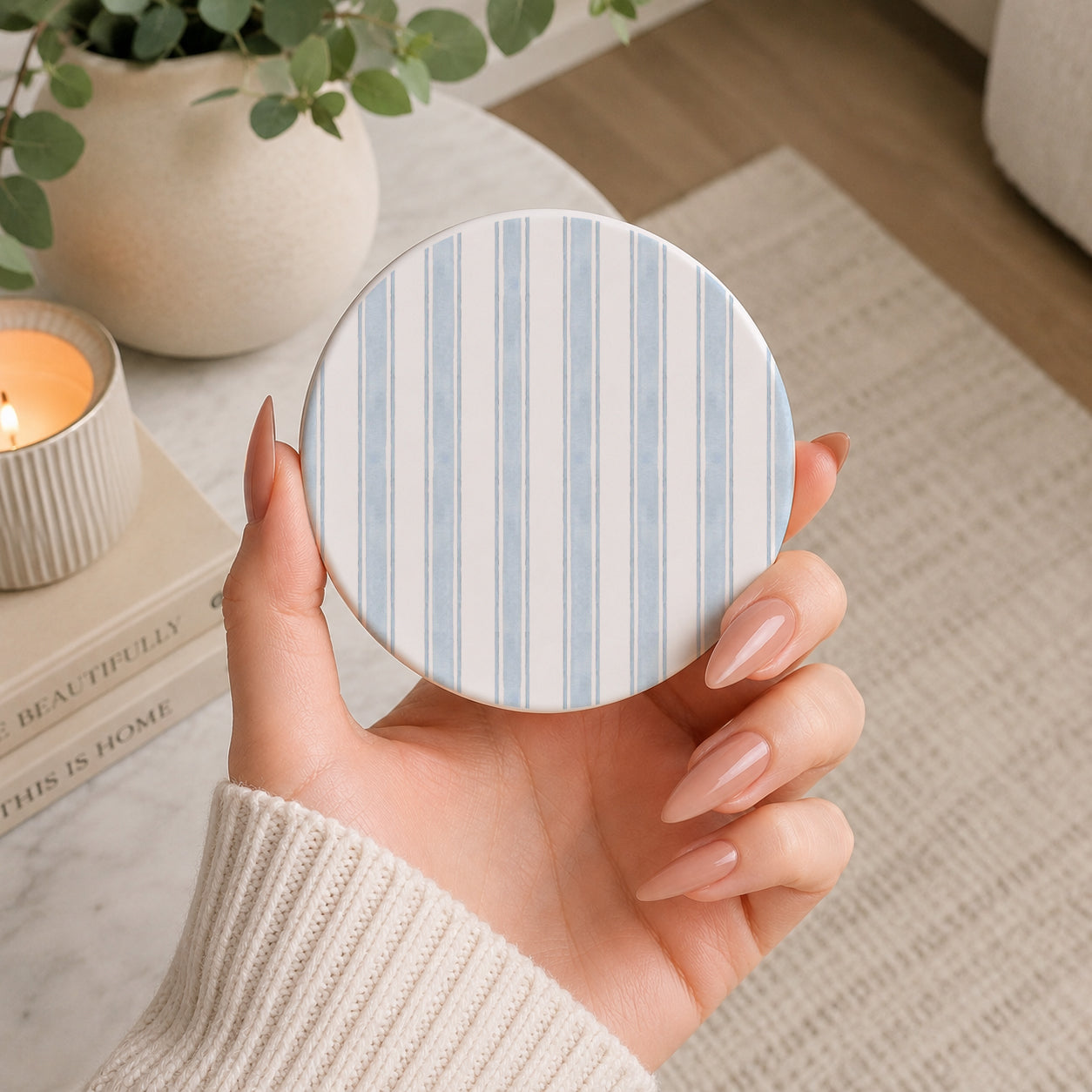 Blue Ticking Stripe & Floral Coaster Set – French Farmhouse Kitchen Decor
Coastal Blue Check & Blossom Coasters – Ceramic 6 Piece Set
Blue and Cream Vintage Pattern Coasters – Living Room or Bar Cart Decor