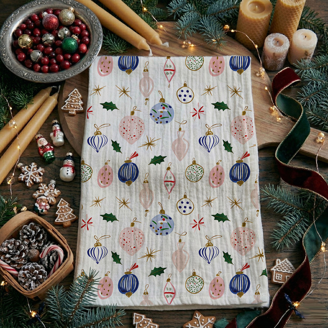 Christmas kitchen towel with ornament print
holiday tea towel with colorful ornaments
festive Christmas kitchen towel decor
seasonal ornament pattern dish towel
decorative holiday towel for kitchen
whimsical Christmas tea towel design
