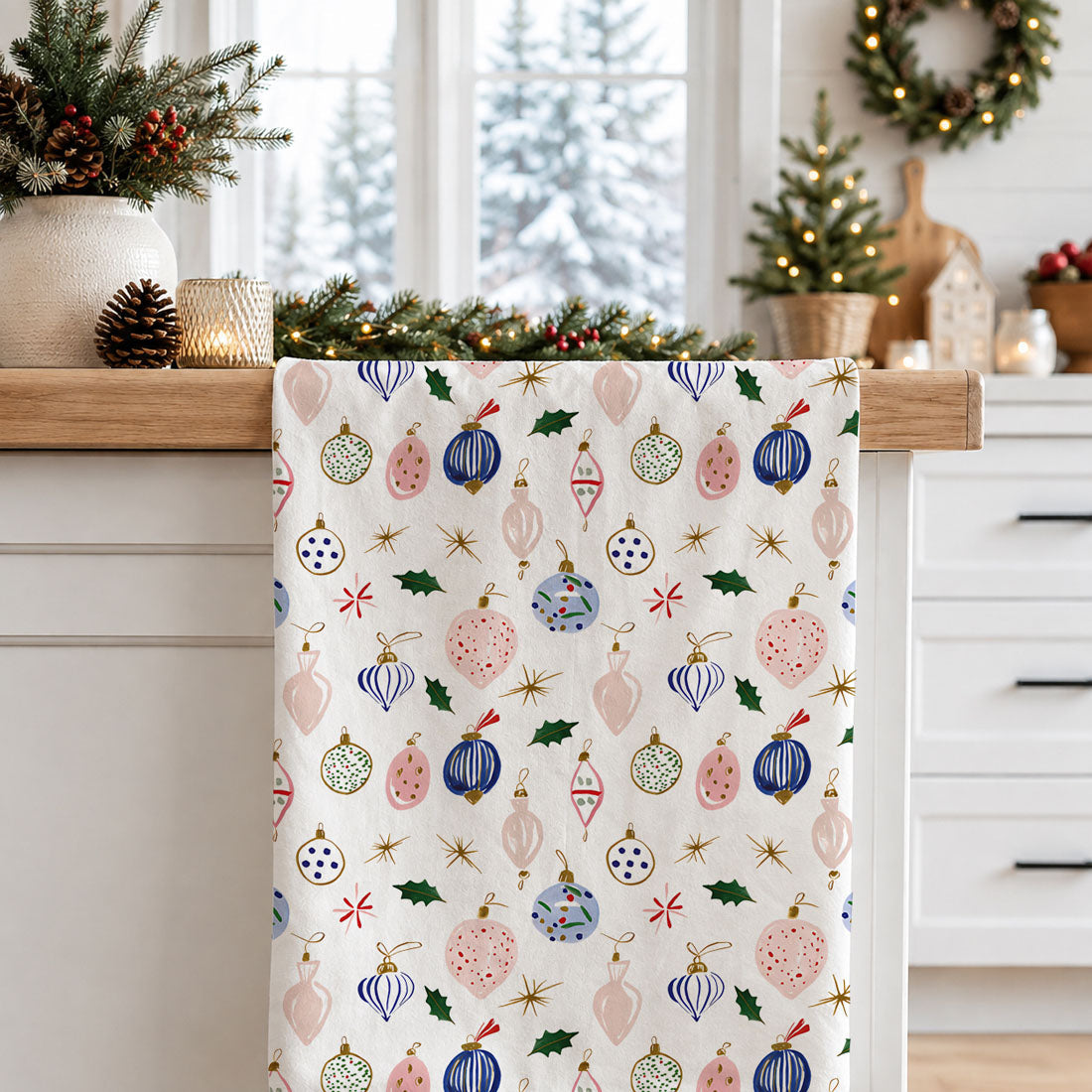christmas hand towel with colorful ornaments
farmhouse christmas kitchen decor towel
holiday dish towel vintage christmas ornaments
decorative christmas towel for kitchen oven handle
soft cotton christmas kitchen towel ornament print