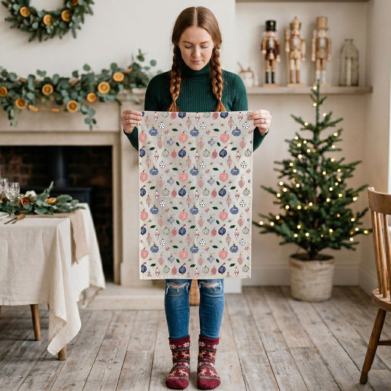 christmas kitchen towel on wooden board aesthetic
festive towel styled with baking tools holiday
kitchen towel with ornaments lifestyle christmas
cute kitchen towel for christmas home refresh