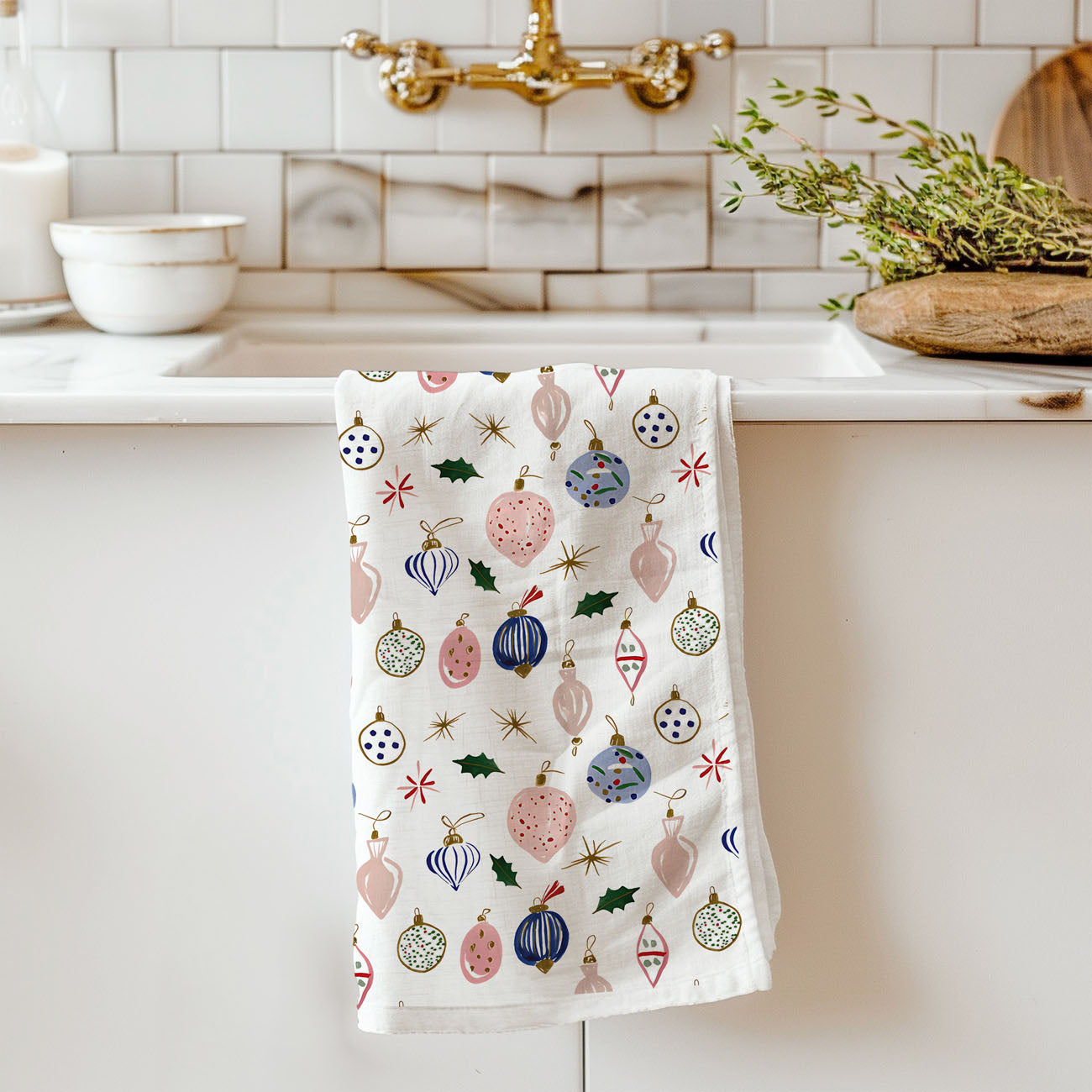 minimalist christmas kitchen towel ornament print
clean aesthetic holiday kitchen towel
christmas kitchen towel styled with greenery decor
holiday kitchen towel with pine and berries styling