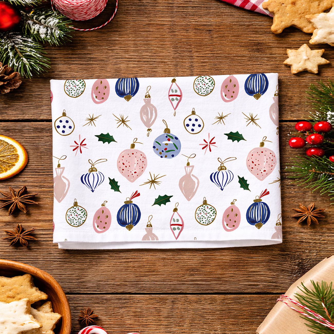 christmas hand towel with colorful ornaments
farmhouse christmas kitchen decor towel
holiday dish towel vintage christmas ornaments
decorative christmas towel for kitchen oven handle
soft cotton christmas kitchen towel ornament print