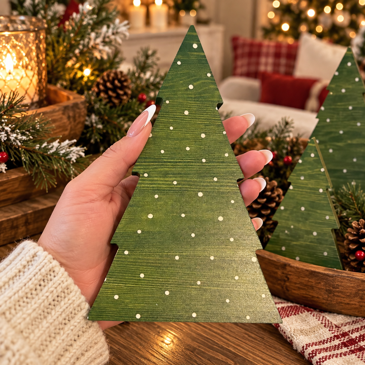 Wooden Christmas Tree Decor Set, Rustic Farmhouse Holiday Decorations, Christmas Tabletop Trees, Neutral Winter Decor
rustic Christmas tree decorations with greenery and red berries
wooden holiday trees displayed on farmhouse table
