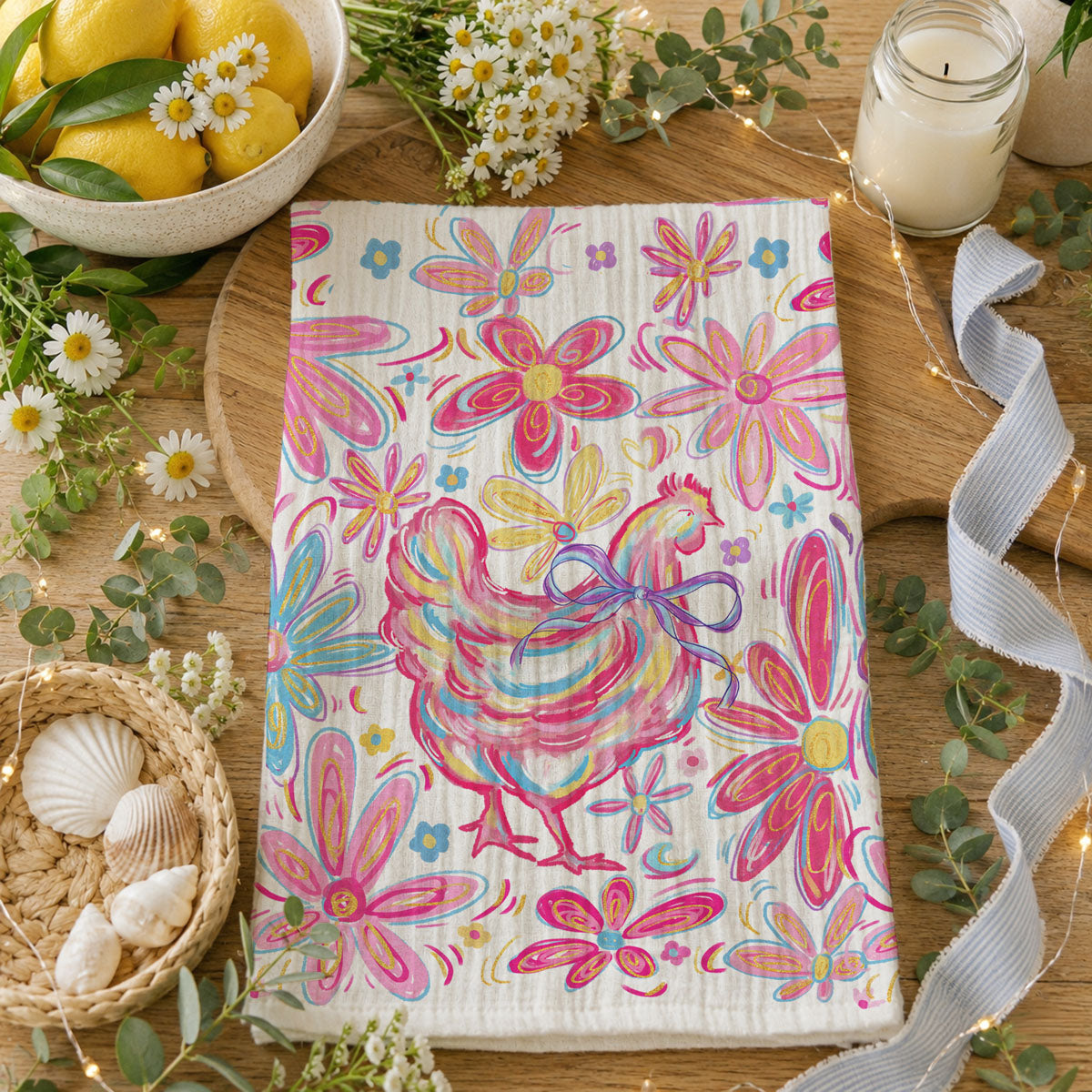 Pink yellow blue chicken towel bohemian Easter spring
Boho farmhouse chicken kitchen towel colorful floral
Artistic chicken dish towel whimsical boho spring design
Easter chicken kitchen towel bohemian colorful flowers