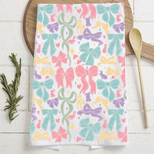 Pastel bow kitchen towel on wooden cutting board spring decor
Easter bunny ribbon pattern flour sack cotton dish towel
Colorful bow kitchen towel farmhouse cottage style