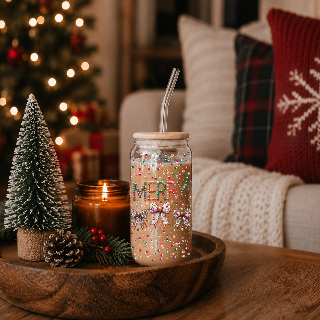 Holiday drinkware gifts glass cup 17oz - Christmas Merry sequin glitter coffee tumbler bamboo lid - Coquette bow accessories
Holiday drinkware glass cup 17oz - Christmas Merry glitter tumbler bamboo lid - Festive coquette bow coffee gift with straw