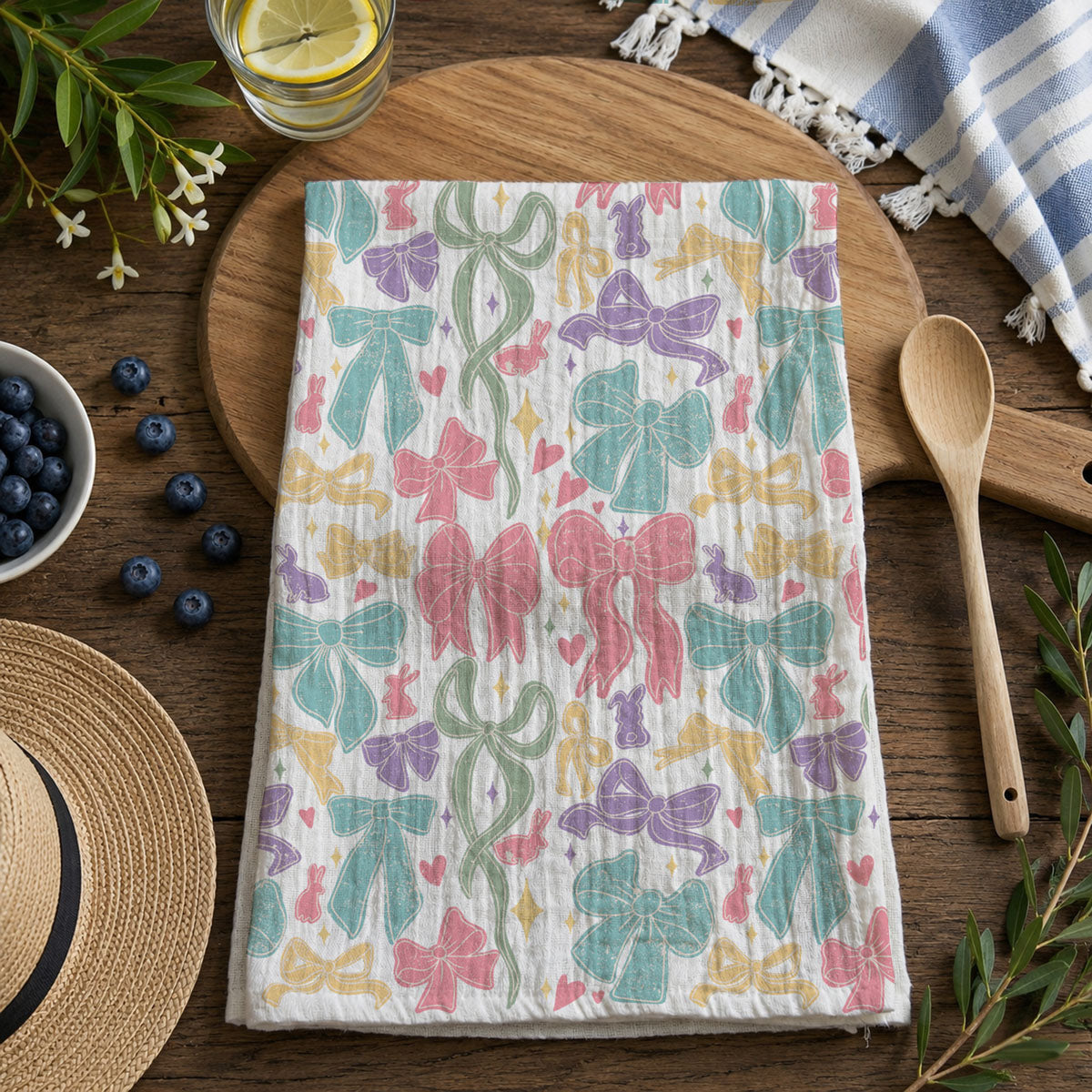 Premium flour sack towel bow bunny pastel design
Multi-color bow kitchen towel spring Easter decor
Pink teal purple bow kitchen towel Easter bunny
Yellow sage green bow dish towel spring pattern