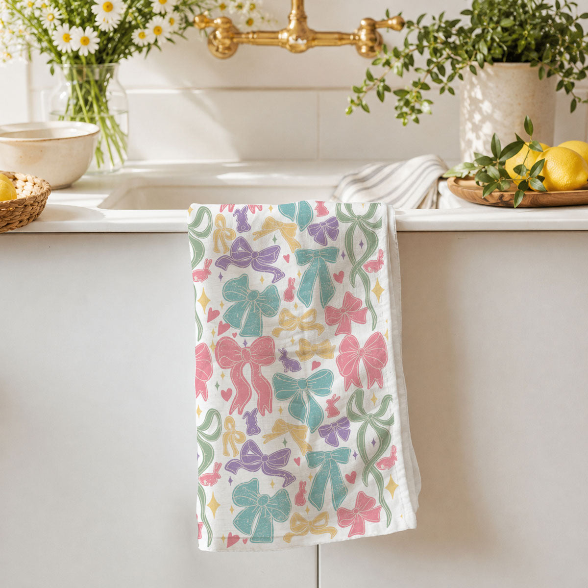 Farmhouse chic ribbon kitchen towel pastel Easter
Whimsical spring kitchen towel colorful bows bunnies
Pastel preppy bow kitchen towel cottage decor
Easter brunch kitchen towel bow ribbon pattern
