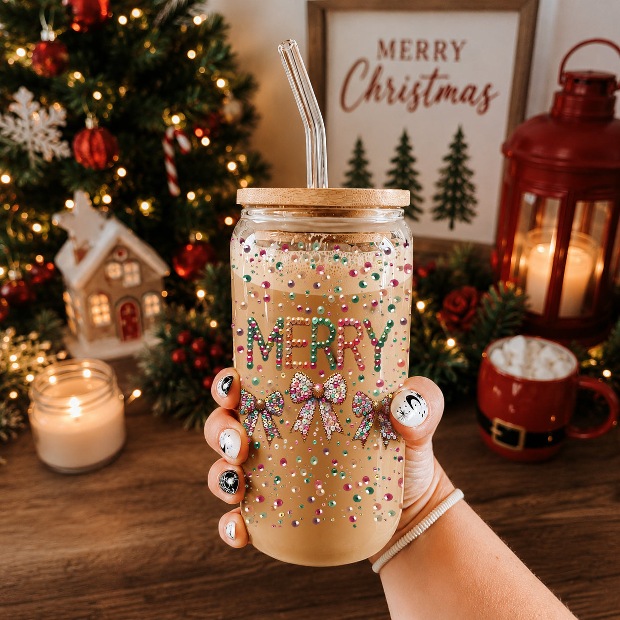 Holiday drinkware gifts glass cup 17oz - Christmas Merry sequin glitter coffee tumbler bamboo lid - Coquette bow accessories
Holiday drinkware glass cup 17oz - Christmas Merry glitter tumbler bamboo lid - Festive coquette bow coffee gift with straw