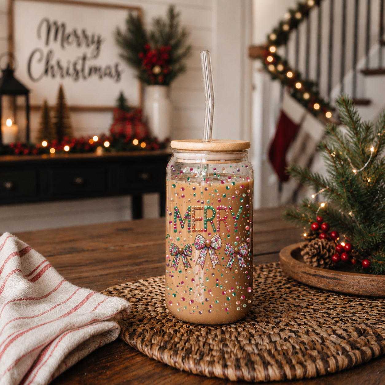 Hot chocolate cup Christmas Merry glass tumbler 17oz - Sequin coquette bow holiday drinkware bamboo lid
Holiday glass tumbler 17oz - Christmas Merry glitter sequin coffee cup bamboo lid - Coquette bow festive drinkware with straw