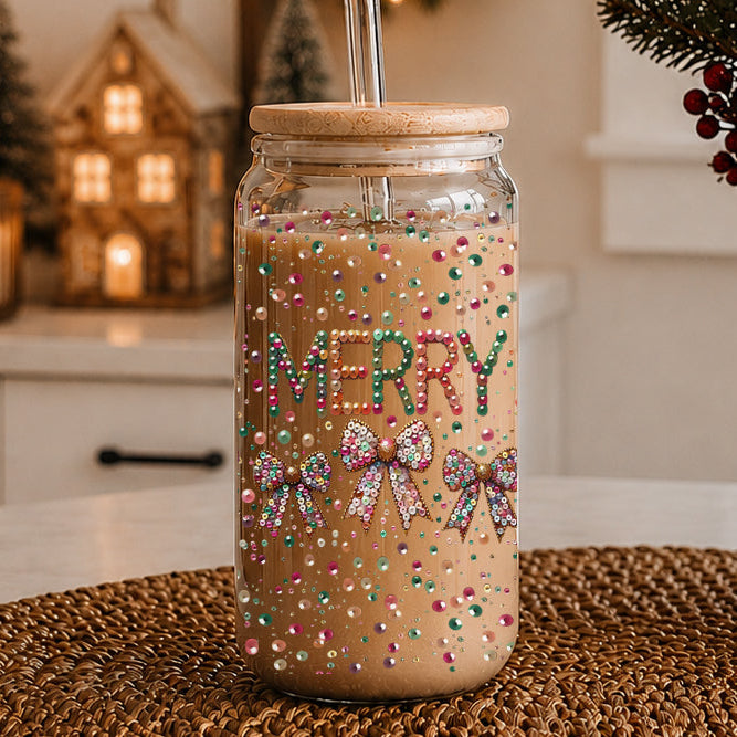 Festive holiday tumbler with bamboo lid - Merry glass cup with coquette bows
Glitter and sequin Christmas tumbler - 17oz glass cup with bamboo lid and straw
Colorful Christmas glass cup - Merry tumbler with glitter bow design
