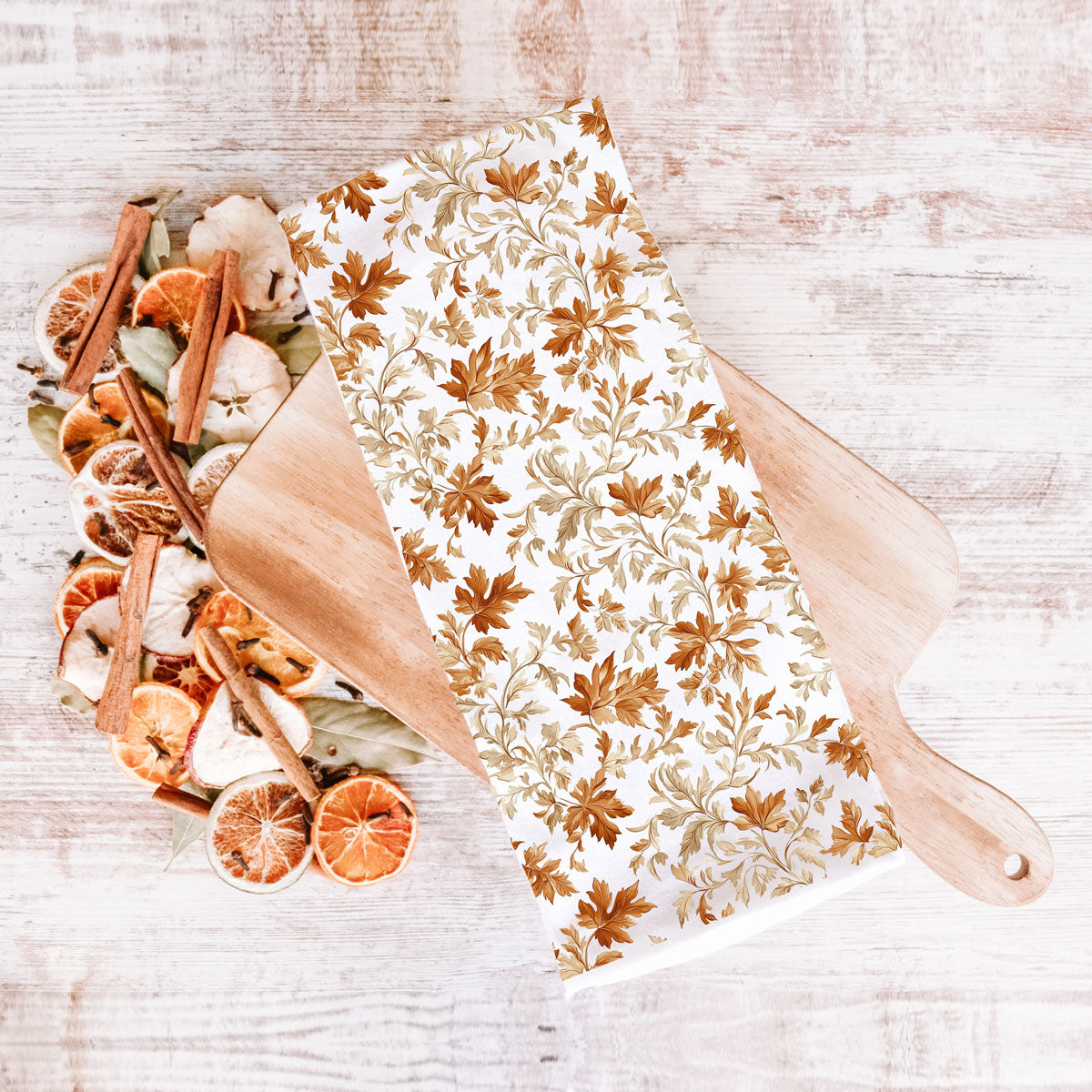 cozy autumn decor idea using leaf dish towel
fall dessert station decorated with leaf kitchen towel
pumpkin and leaf themed fall kitchen towel decor
autumn leaf towel hung 
fall inspired kitchen corner with leaf cotton towel
