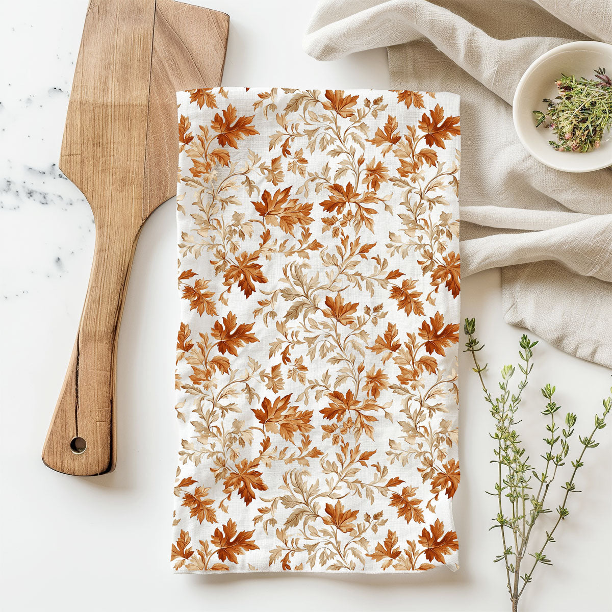 cozy fall baking scene with leaf print flour sack towel
autumn inspired kitchen towel for seasonal home decor
thanksgiving table styling with autumn leaf cotton towel
fall kitchen towel with autumn leaves pattern
autumn dish towel for farmhouse kitchen decor
