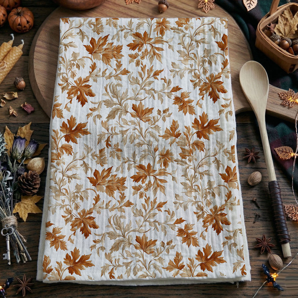 rust and tan leaf fall towel next to wooden spoon
elegant fall dish towel for neutral autumn kitchen
autumn cotton towel for rustic cutting board styling
fall housewarming gift autumn leaves kitchen towel
seasonal fall hand towel hanging on stove door
warm brown leaf fall towel for cottage kitchen decor