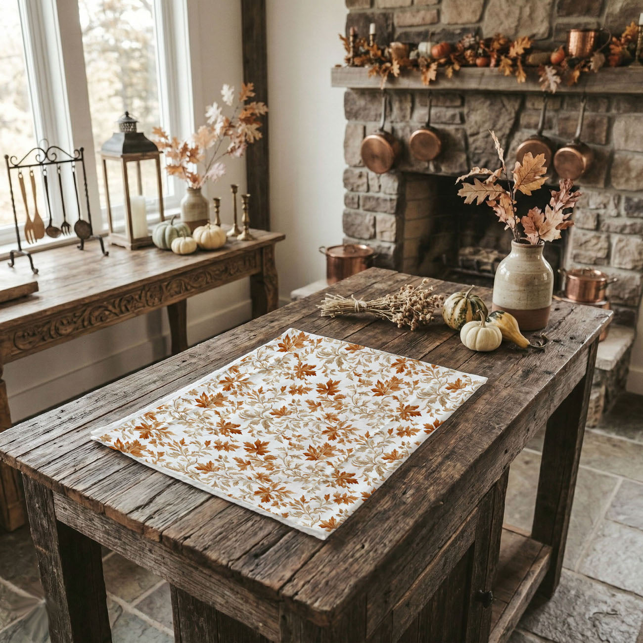 vintage style autumn leaf print kitchen towel
leafy fall pattern towel for coffee bar decor
neutral fall kitchen towel with warm brown leaves
autumn leaves flour sack towel next to wooden spoon
fall kitchen decor towel on oven handle
autumn leaf print towel styled with rosemary and board