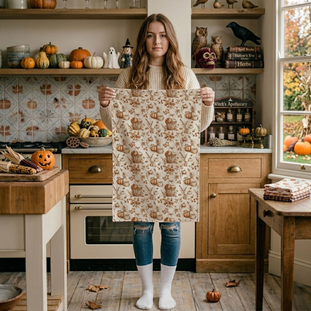 fall hostess gift pumpkin pattern kitchen towel
autumn farmhouse pumpkin towel hanging on oven door
pumpkin themed flour sack towel for coffee bar setup
vintage pumpkin illustration towel for rustic fall decor
fall and thanksgiving pumpkin kitchen towel for hosting
warm brown pumpkin print towel for cottage kitchen