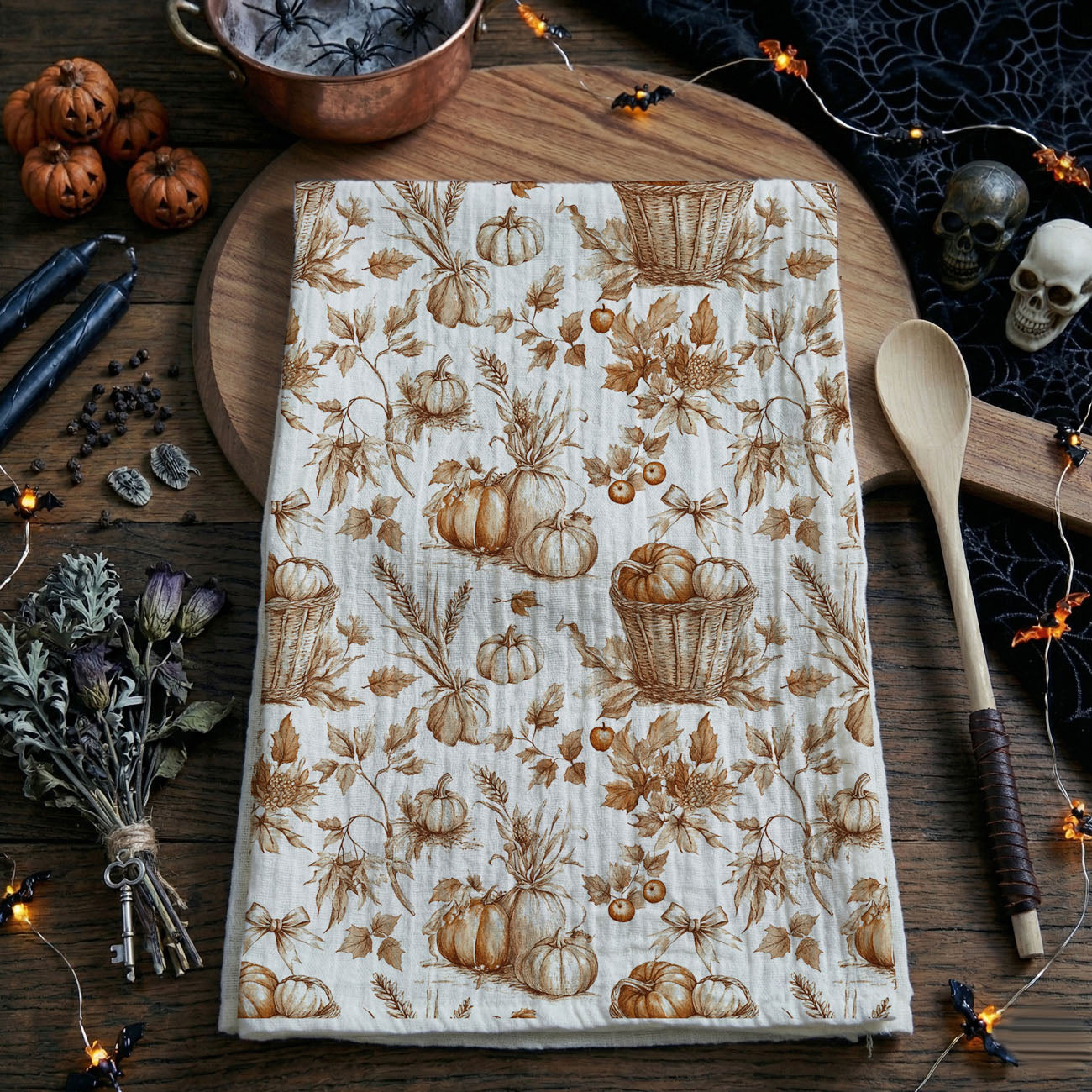 pumpkin and acorn print towel for rustic fall décor
hand drawn pumpkin pattern towel for autumn tablescape
pumpkin and berry cluster dish towel for harvest season
pumpkin fields inspired kitchen towel with vintage art
fall pumpkin kitchen towel paired with copper cookware
