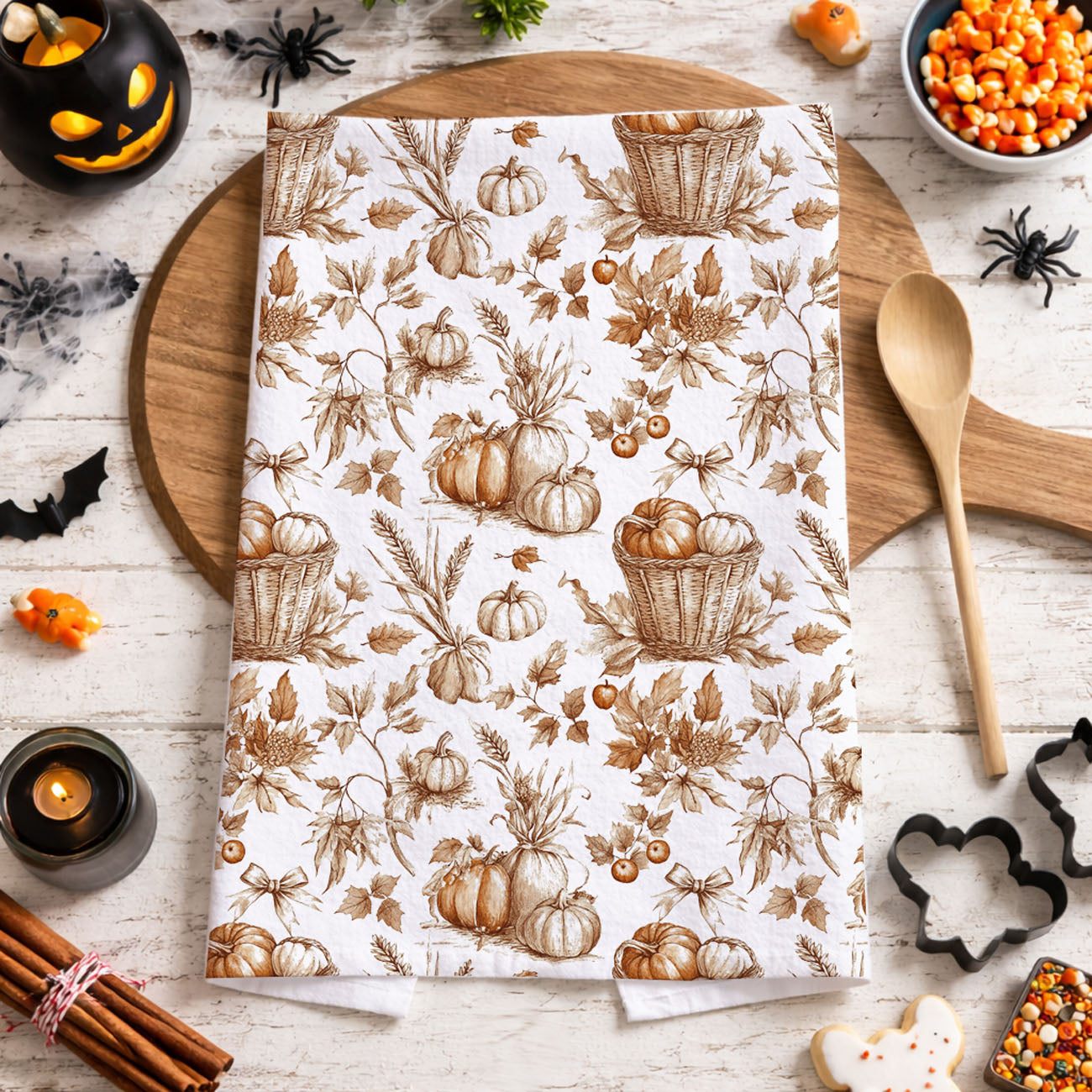 neutral brown pumpkin towel for cozy fall kitchen
pumpkin and leaf fall dish towel on rustic wood board
pumpkin harvest kitchen towel for thanksgiving cooking
fall kitchen decor towel with pumpkins and wheat stalks
pumpkin patch autumn tea towel near rosemary and spoon
pumpkin basket cotton towel for seasonal kitchen styling