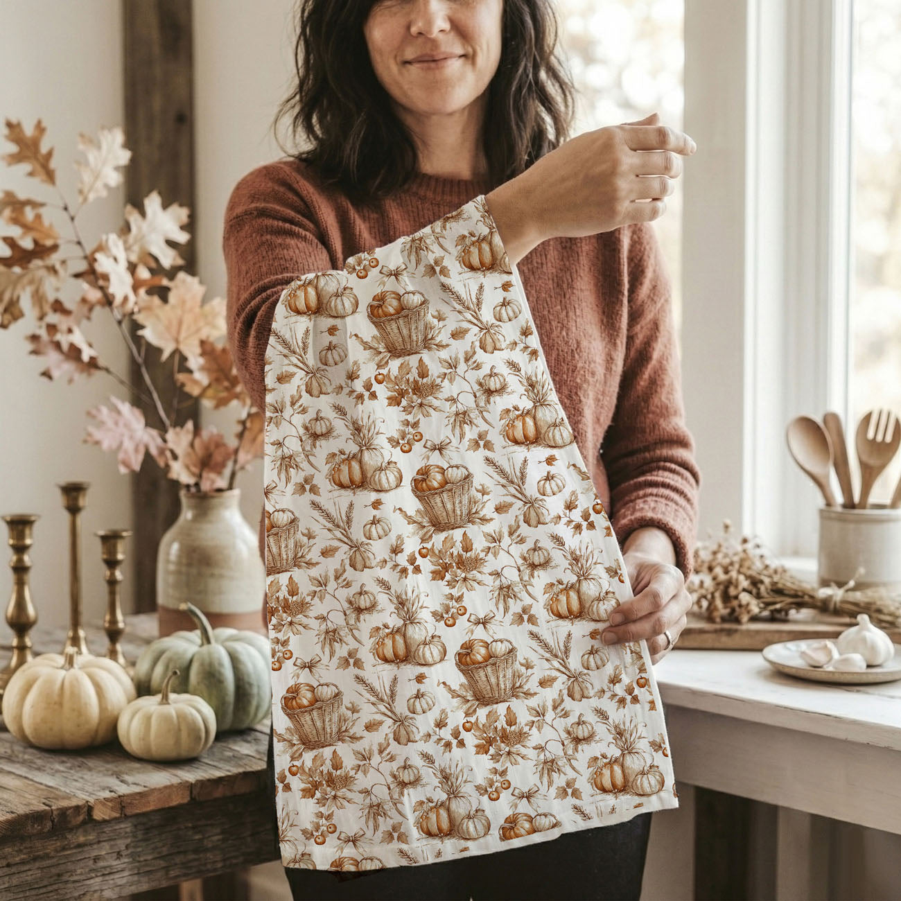 pumpkin fields inspired kitchen towel with vintage art
fall pumpkin kitchen towel paired with copper cookware
autumnal pumpkin towel draped over farmhouse sink
pumpkin themed cotton kitchen towel perfect for fall gifting
thanksgiving pumpkin kitchen linen folded on serving tray
cozy autumn breakfast scene with pumpkin print towel
pumpkin kitchen towel accenting neutral fall home décor
