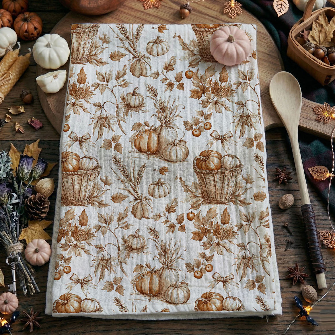 pumpkin market style dish towel for autumn cooking
shabby chic pumpkin kitchen towel with harvest motif
elegant pumpkin and wheat fall tea towel
pumpkin wreath inspired kitchen towel for fall decorating
pumpkin design kitchen towel in warm monochrome browns
