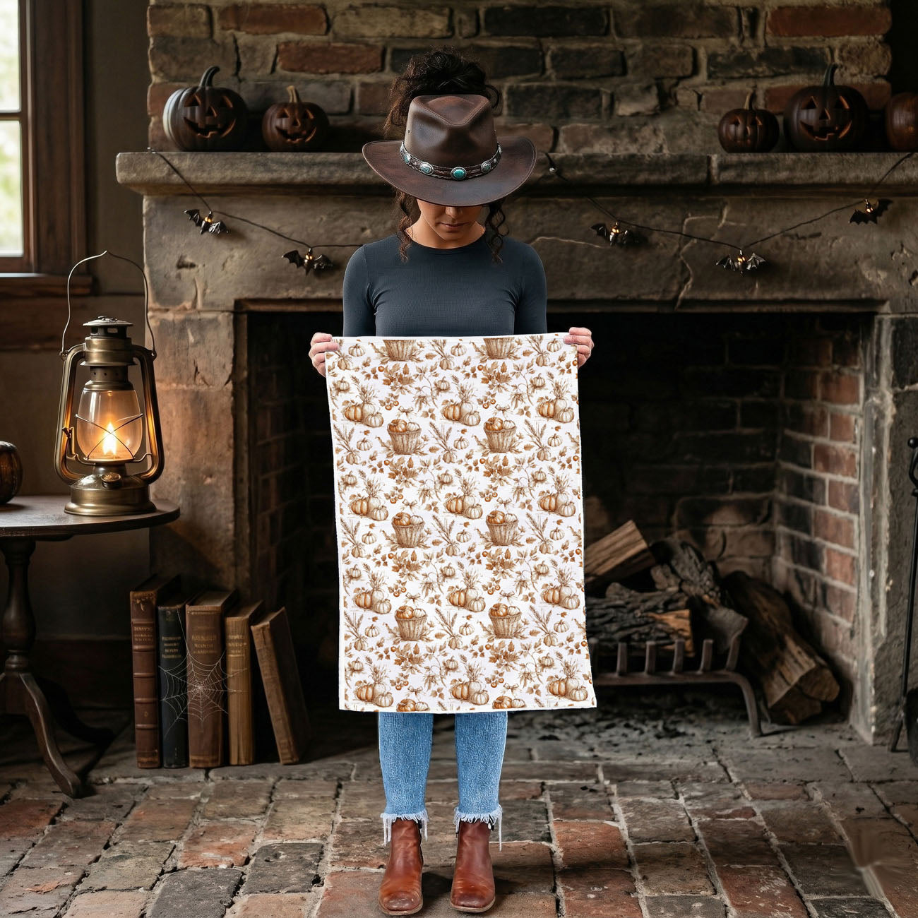 pumpkin and foliage fall towel with farmhouse cutting board
autumn kitchen accent pumpkin towel beside wooden utensils
pumpkin pattern cotton towel for fall housewarming gift
harvest festival pumpkin kitchen towel on white tile
pumpkin print fall towel for holiday cooking and baking