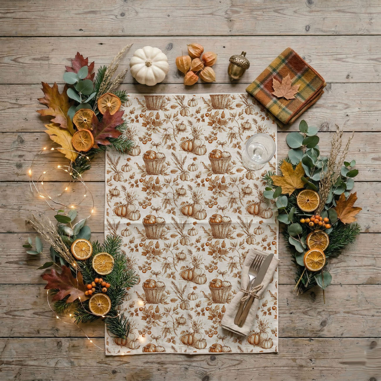 cozy fall kitchen towel with pumpkins and leaves
farmhouse pumpkin kitchen towel on oven handle
autumn pumpkin print towel next to wooden spoon
thanksgiving hostess gift pumpkin dish towel
fall baking towel with pumpkins wheat and leaves