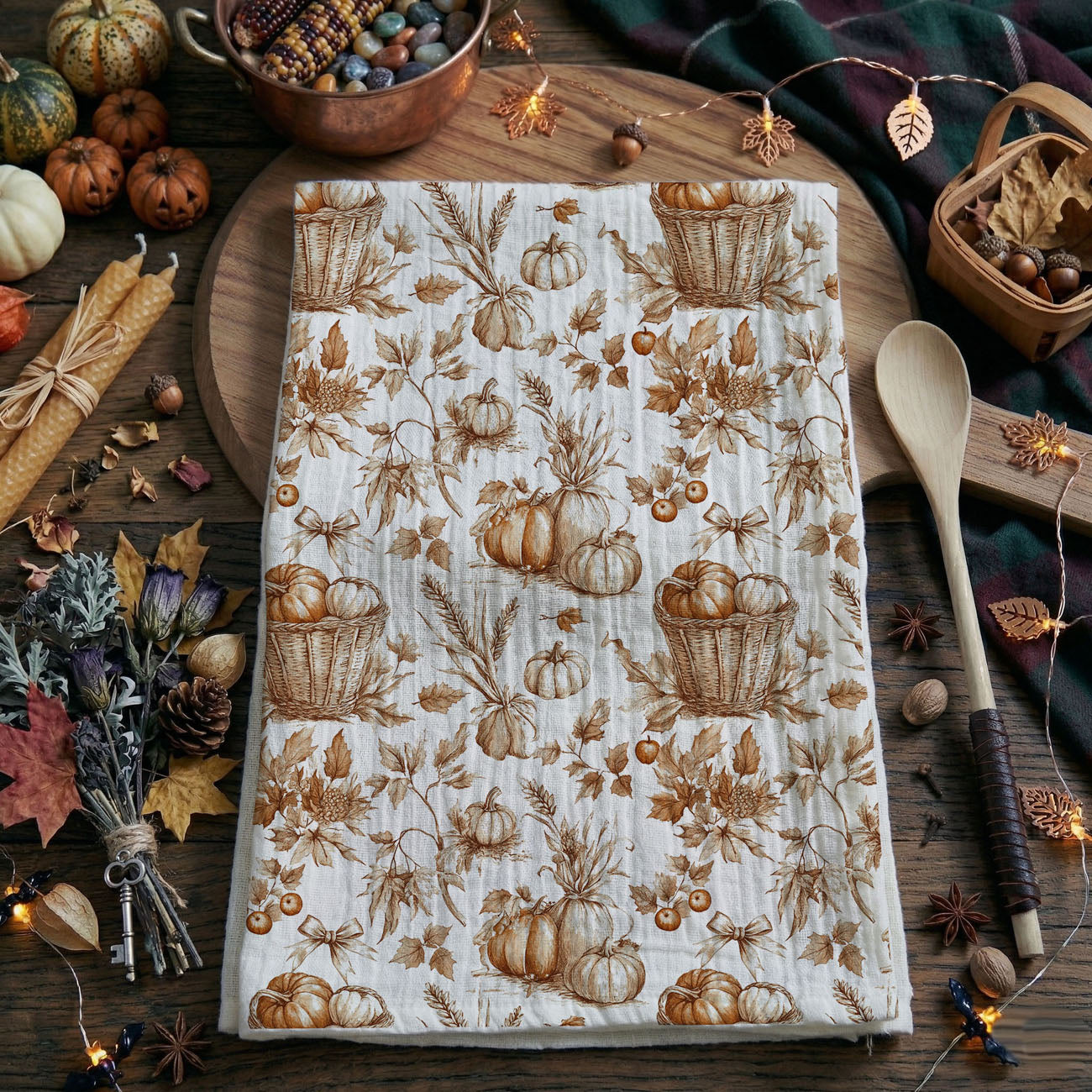 neutral cream and brown pumpkin pattern dish cloth
pumpkin patch themed autumn kitchen linen
fall baking pumpkin towel beside mixing bowl and whisk
pumpkin spice lover kitchen towel for seasonal décor
brown pumpkin and foliage towel for traditional thanksgiving
country farmhouse pumpkin kitchen towel with sketched design
pumpkin cluster fall towel on marble countertop