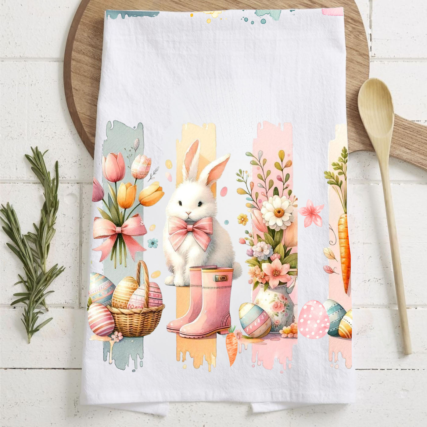 Watercolor Easter bunny kitchen towel on wooden cutting board
Spring floral brushstroke flour sack cotton dish towel
Pastel watercolor kitchen towel Easter bunny design
Artistic Easter kitchen towel watercolor brushstrokes