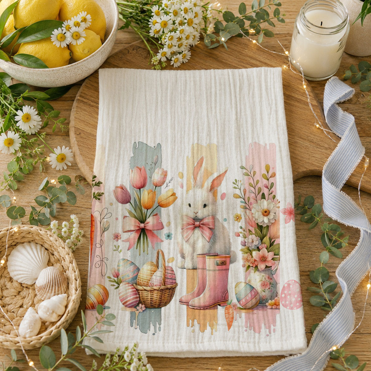 Spring bouquet watercolor towel bunny eggs design
Watercolor painting kitchen towel Easter bunny tulips
Artistic floral Easter towel watercolor bunny boots
Spring color palette kitchen towel watercolor bunny
