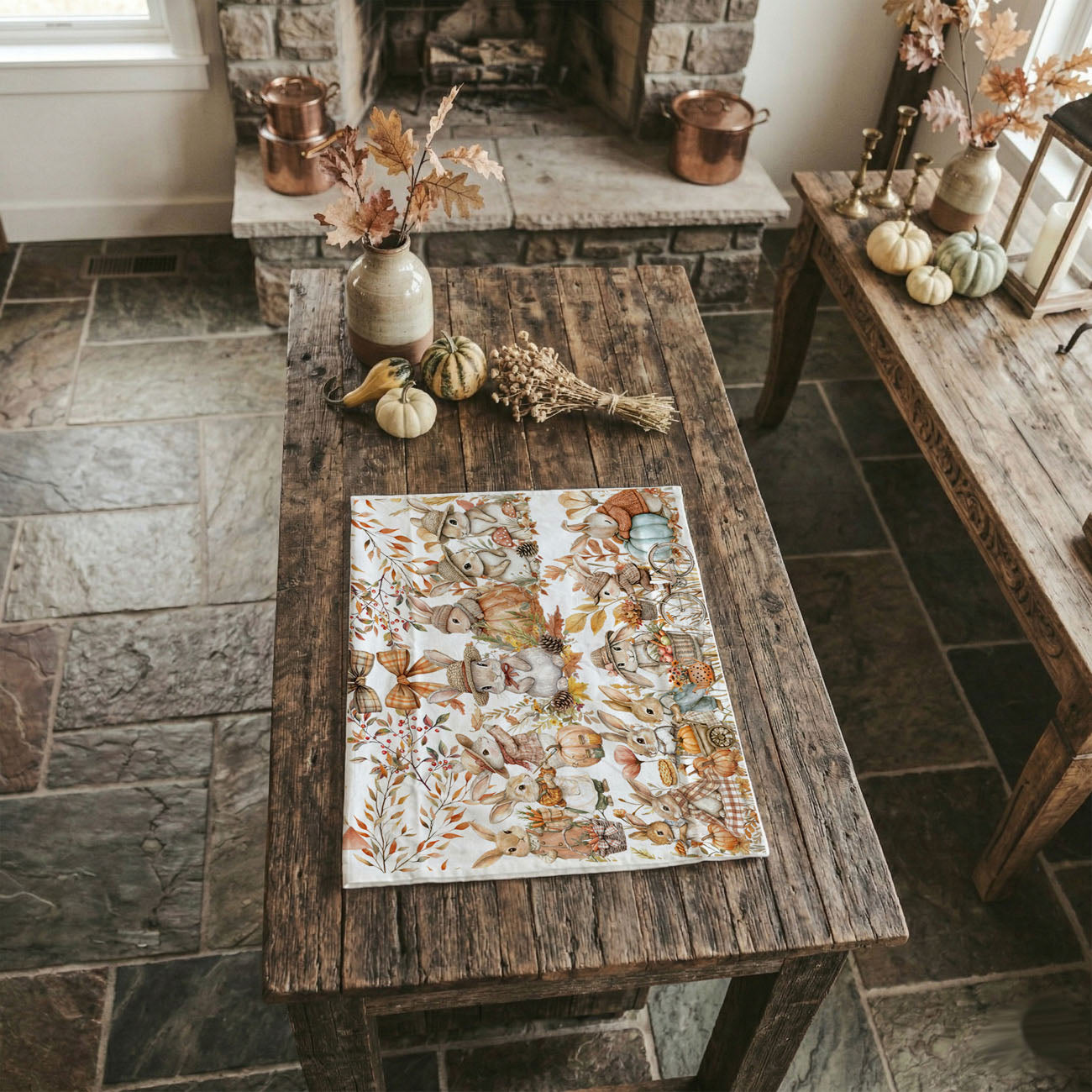 storybook style bunny kitchen towel for fall season
neutral fall bunny towel for cozy cottage kitchen
fall bunny and stack of books flour sack towel
autumn rabbit and white pumpkin kitchen decor towel
pumpkin spice season bunny kitchen towel
fall animal kitchen towel with bunnies and foliage
pumpkin cart bunny cotton towel for autumn housewarming gift
woodland bunny harvest tea towel on rustic wood board