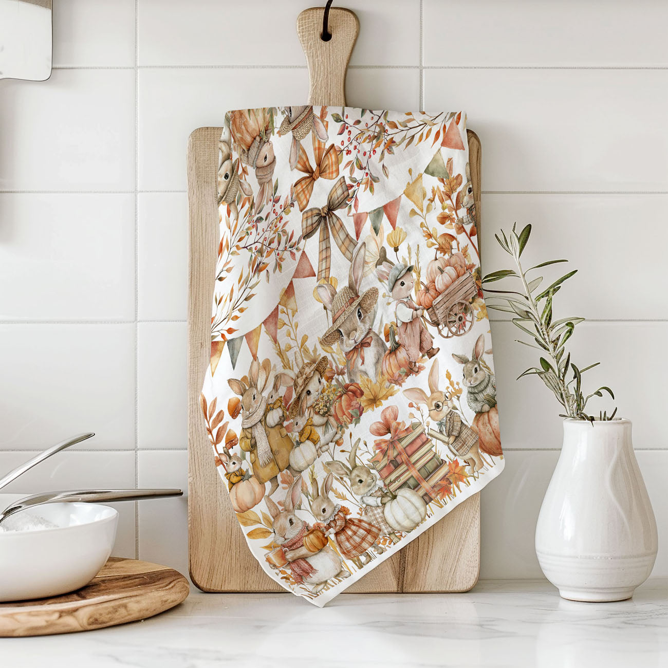 fall woodland bunny towel for sale cute
fall bunny dish towel for autumn kitchen décor
autumn rabbits and pumpkins cotton kitchen towel
cute bunny flour sack towel for fall baking
cute rabbit and pumpkin illustration towel for fall housewarming gift
autumn bunny towel displayed on farmhouse style stove handle
