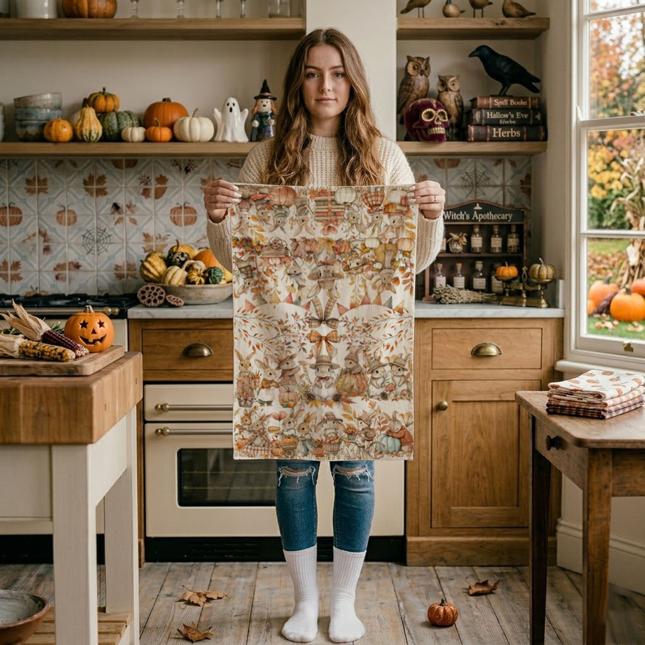 Fall Bunny Flour Sack Kitchen Towel – Cute Autumn Rabbit & Pumpkin Dish Towel for Farmhouse Kitchen Décor