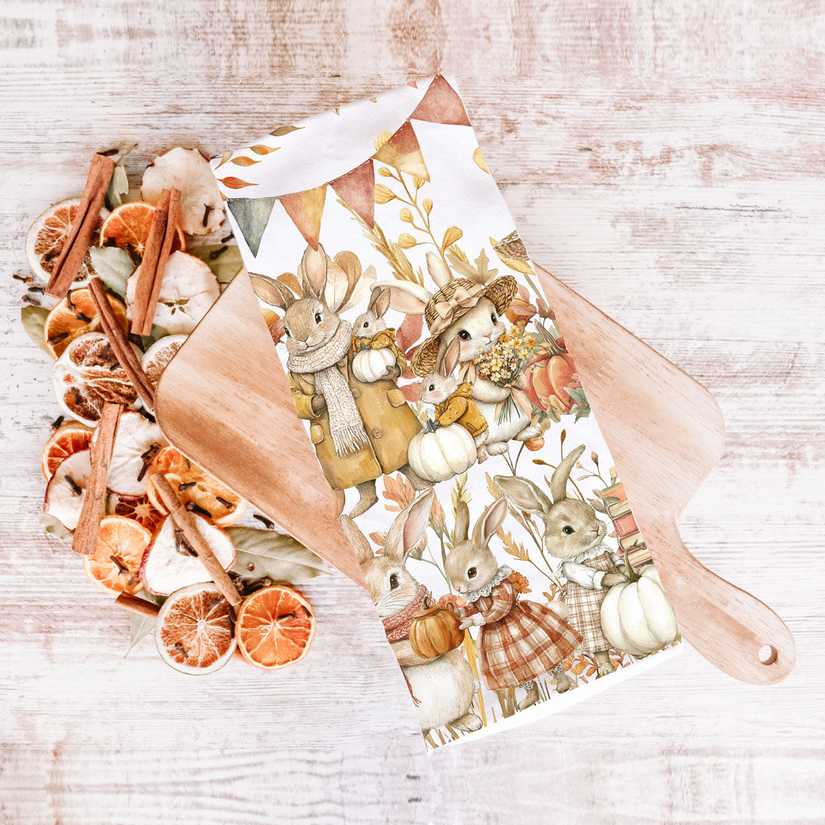 cozy cottagecore bunny and pumpkin kitchen towel
autumn bunny dish towel with leaves berries and acorns
cute bunny chef kitchen towel for fall baking days
fall harvest bunny towel with wheelbarrow of pumpkins
vintage style rabbit illustration towel for autumn kitchen