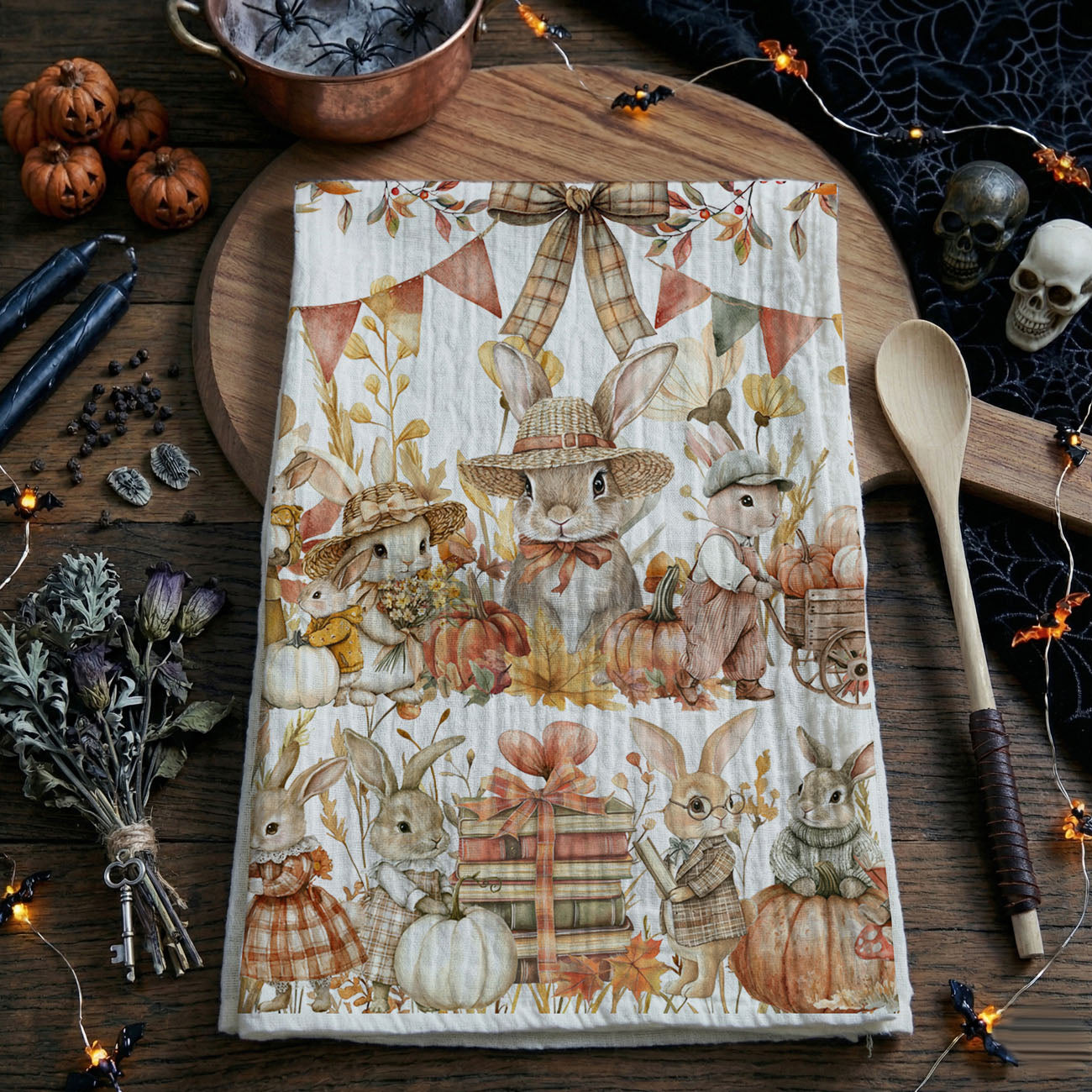 fall bunny kitchen towel with pumpkins and leaves
cute autumn rabbit flour sack dish towel
woodland bunny fall kitchen decor towel
cottagcore fall bunny and pumpkin tea towel
autumn rabbit print cotton towel on cutting board
fall kitchen towel with bunnies in sweaters and hats
thanksgiving bunny dish towel with pumpkins and acorns