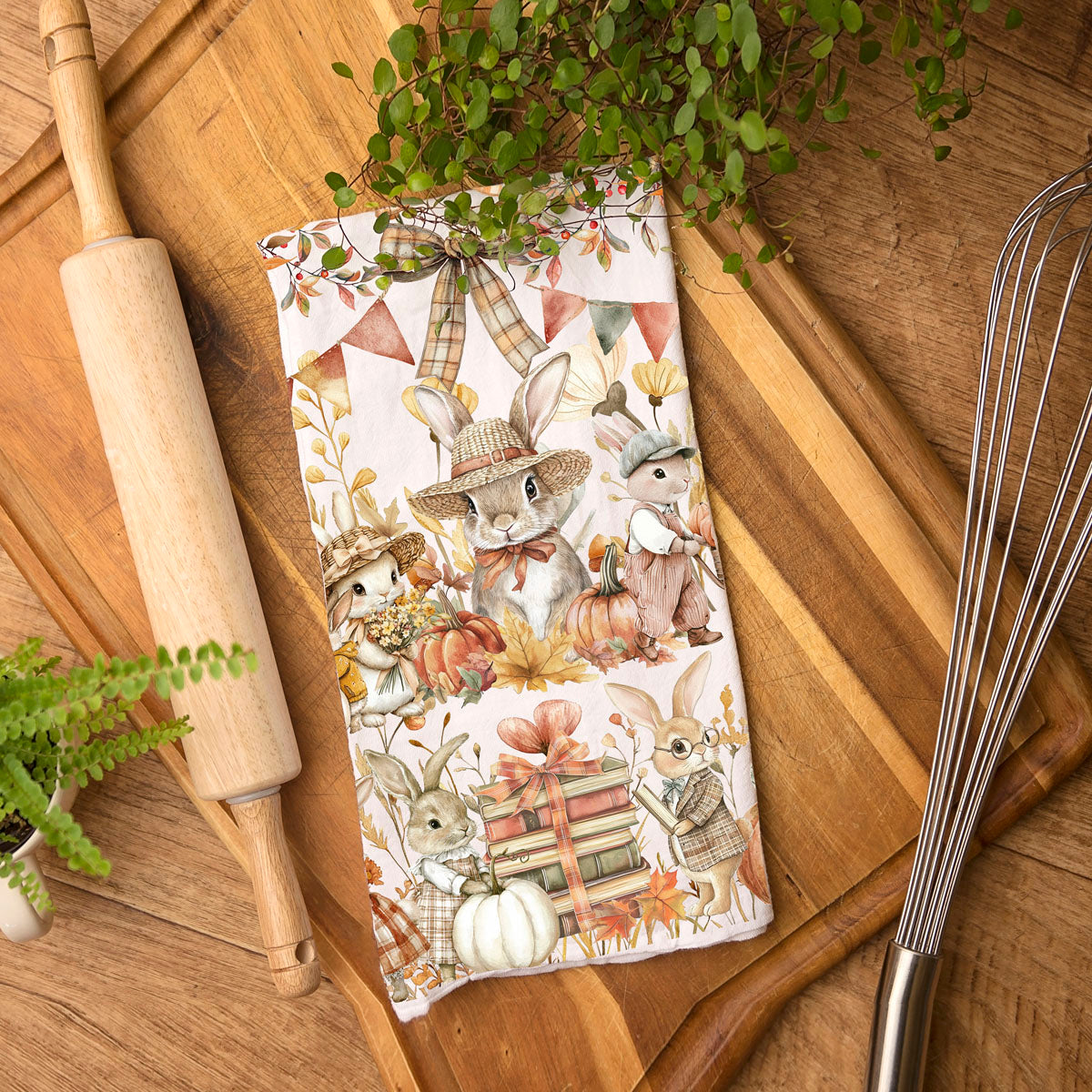 bunny pushing cart of pumpkins thanksgiving kitchen towel
fall rabbit family towel perfect for kids bathroom or kitchen
autumn bunny and bunting banner fall dish towel
pumpkin patch bunny kitchen towel for seasonal decorating
cute bunny and mushrooms fall flour sack towel