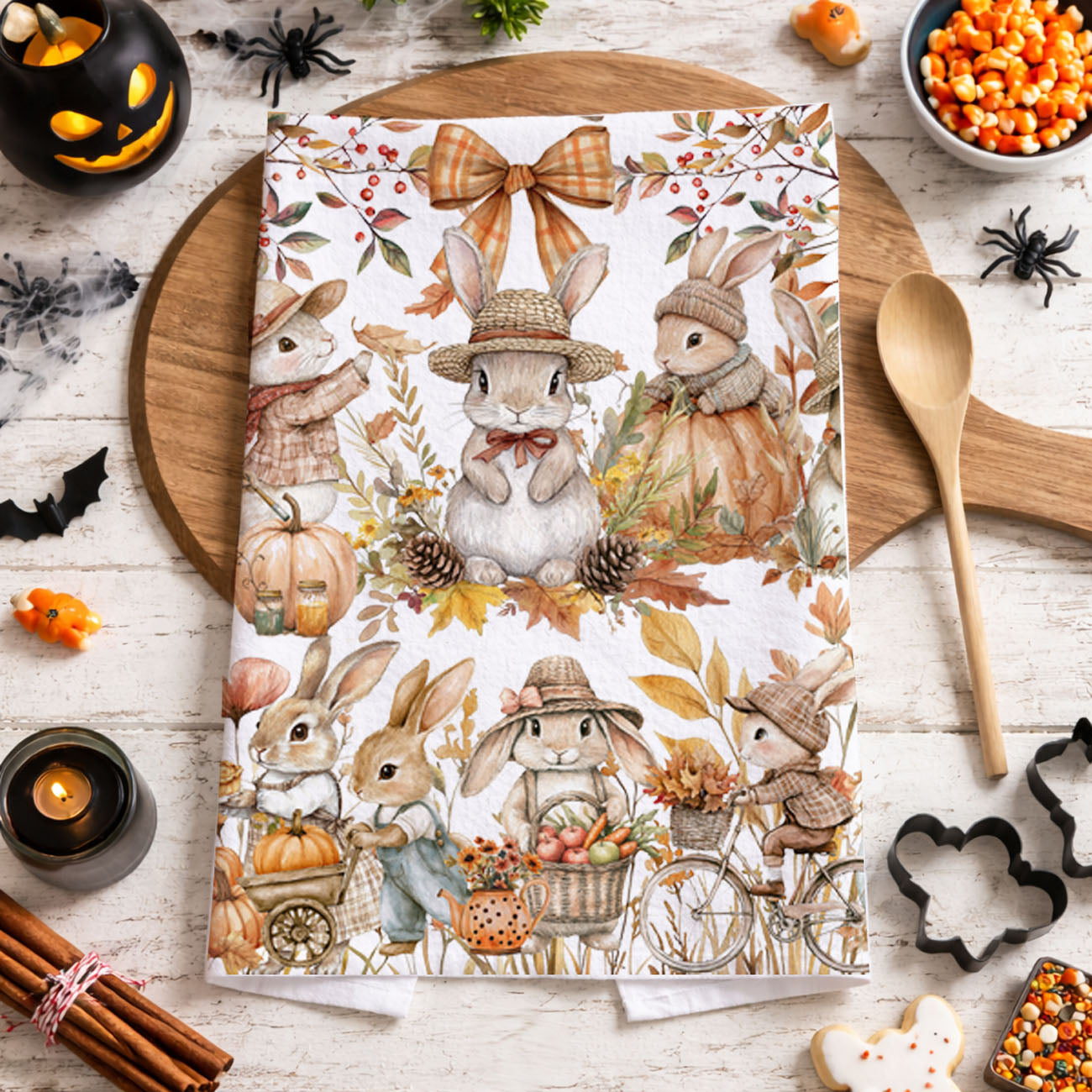 Perfect for fall kitchen décor, Thanksgiving decorating, or as an adorable hostess gift for anyone obsessed with bunnies, pumpkins, or the general vibe of “cozy cottagecore but make it functional.”